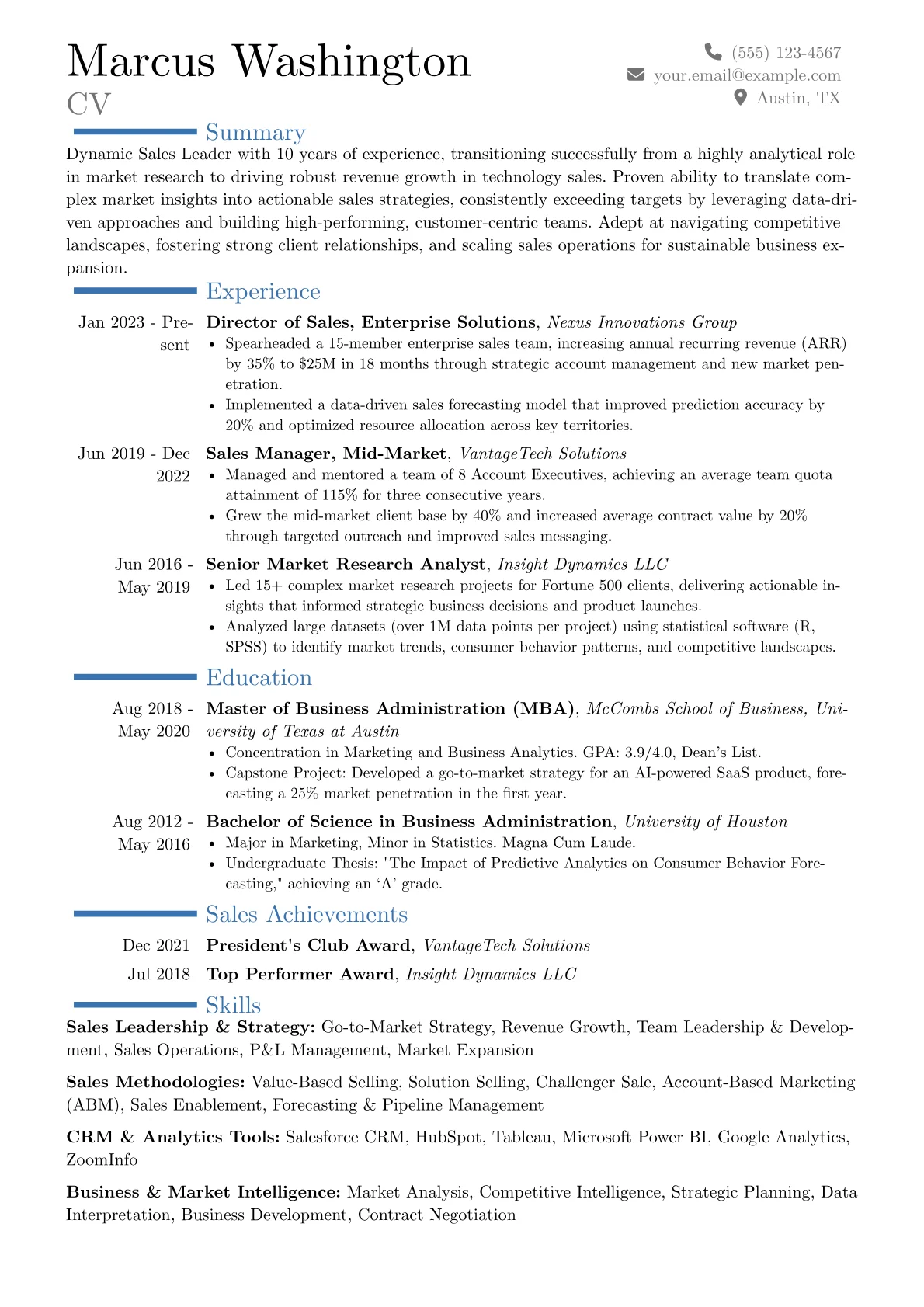 Sales Leader resume example, Career changer, page 1