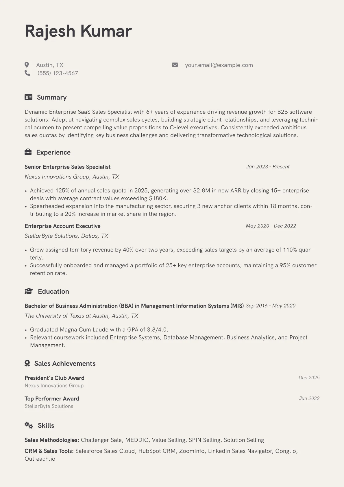 Sales Specialist resume example, Enterprise SaaS Sales, page 1