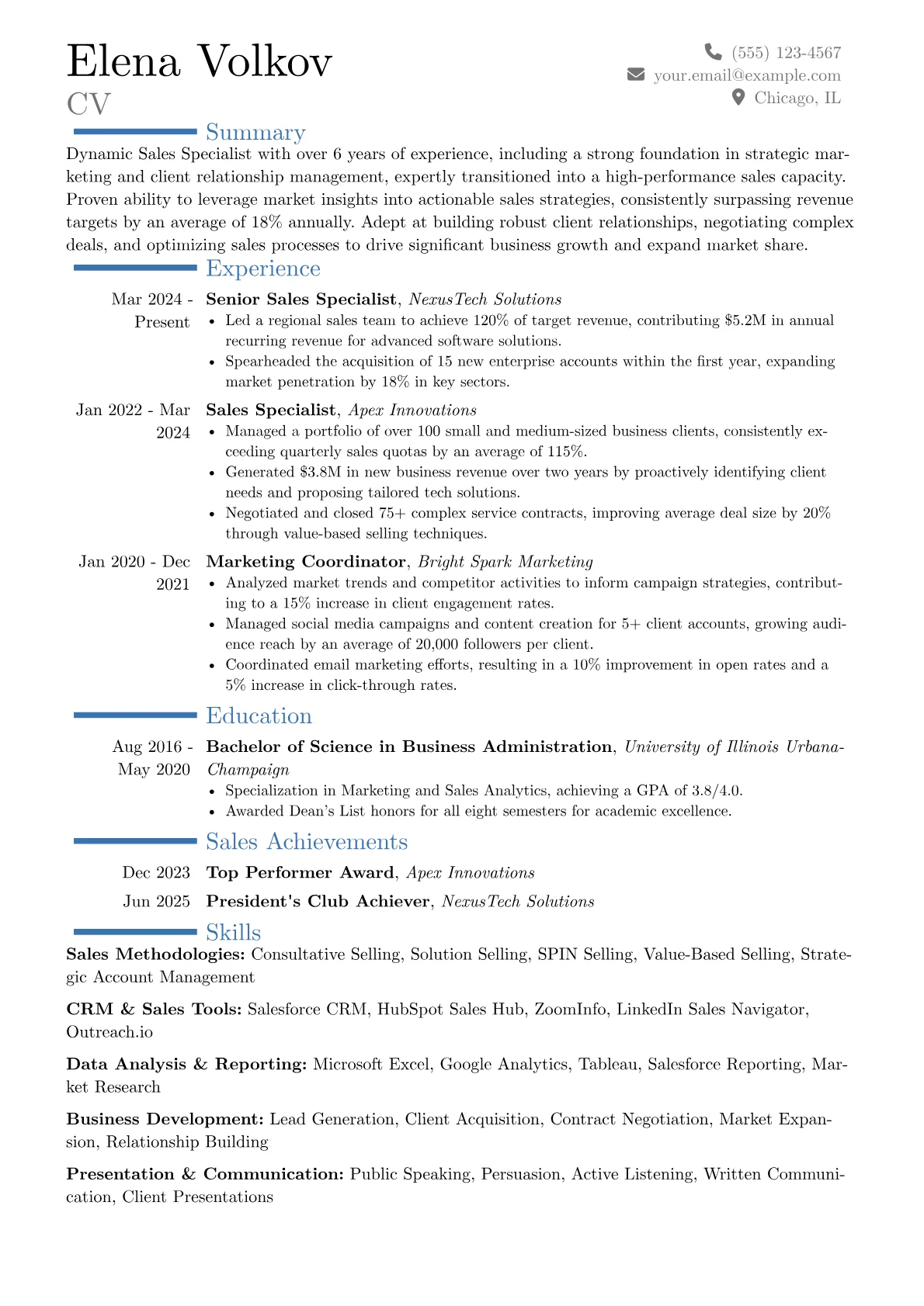 Sales Specialist resume example, Career changer, page 1
