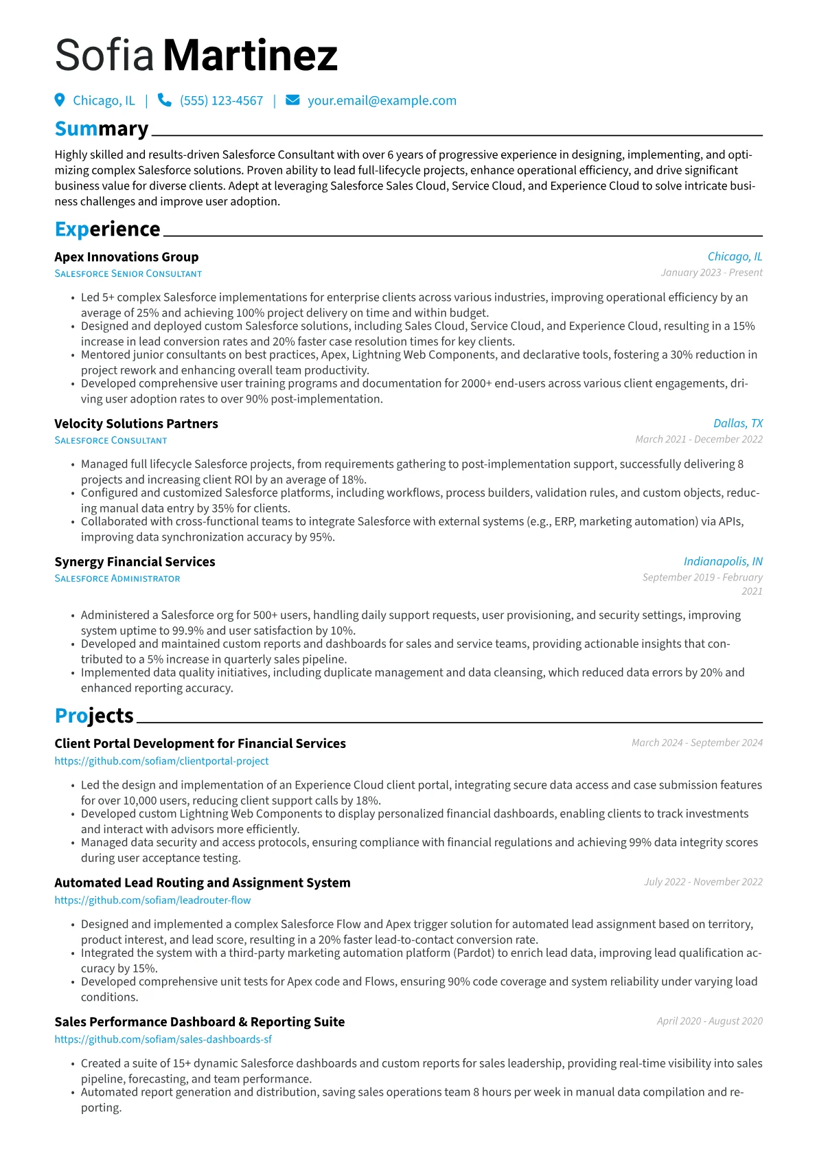 Salesforce resume example, Salesforce Platforms, page 1