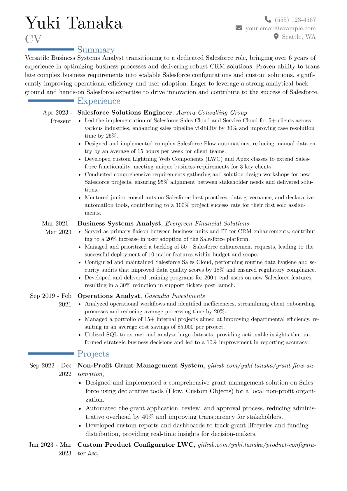 Salesforce resume example, Career changer, page 1