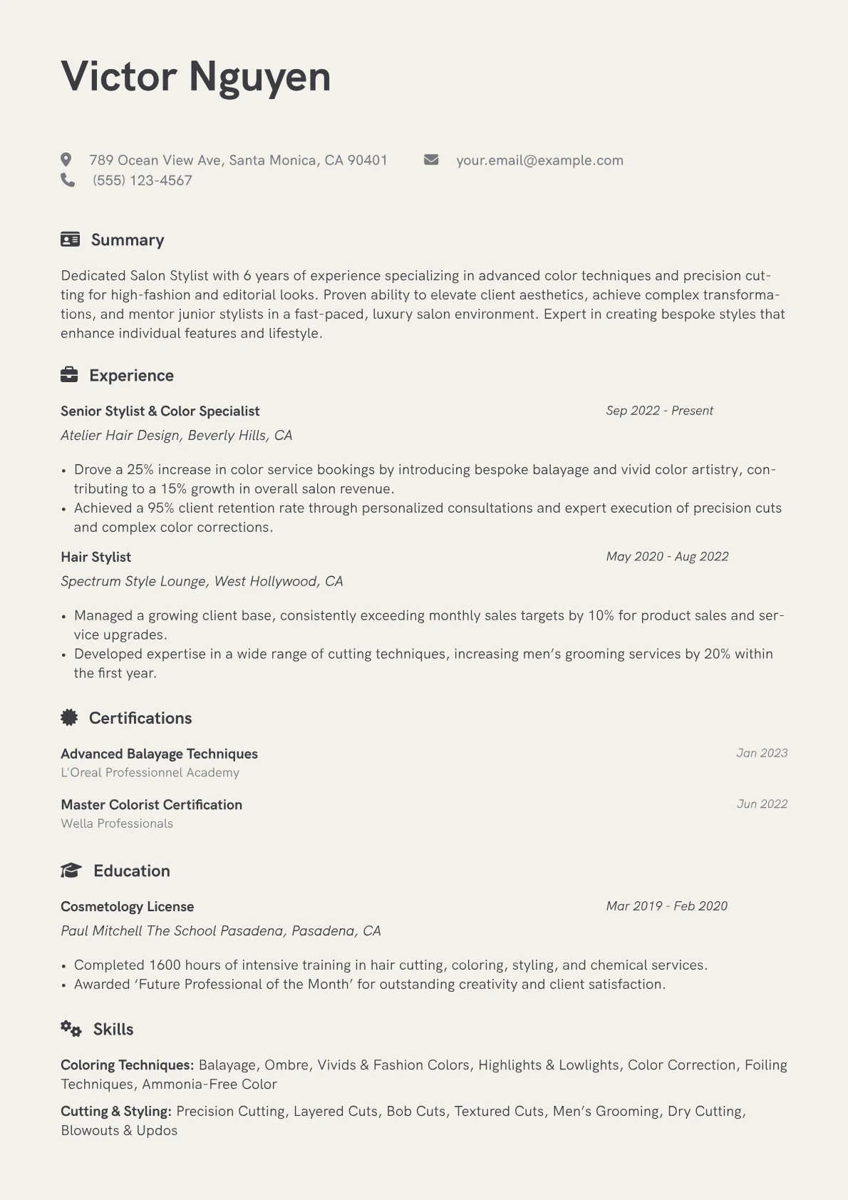 Salon Stylist resume example, High-End Color & Cut, page 1