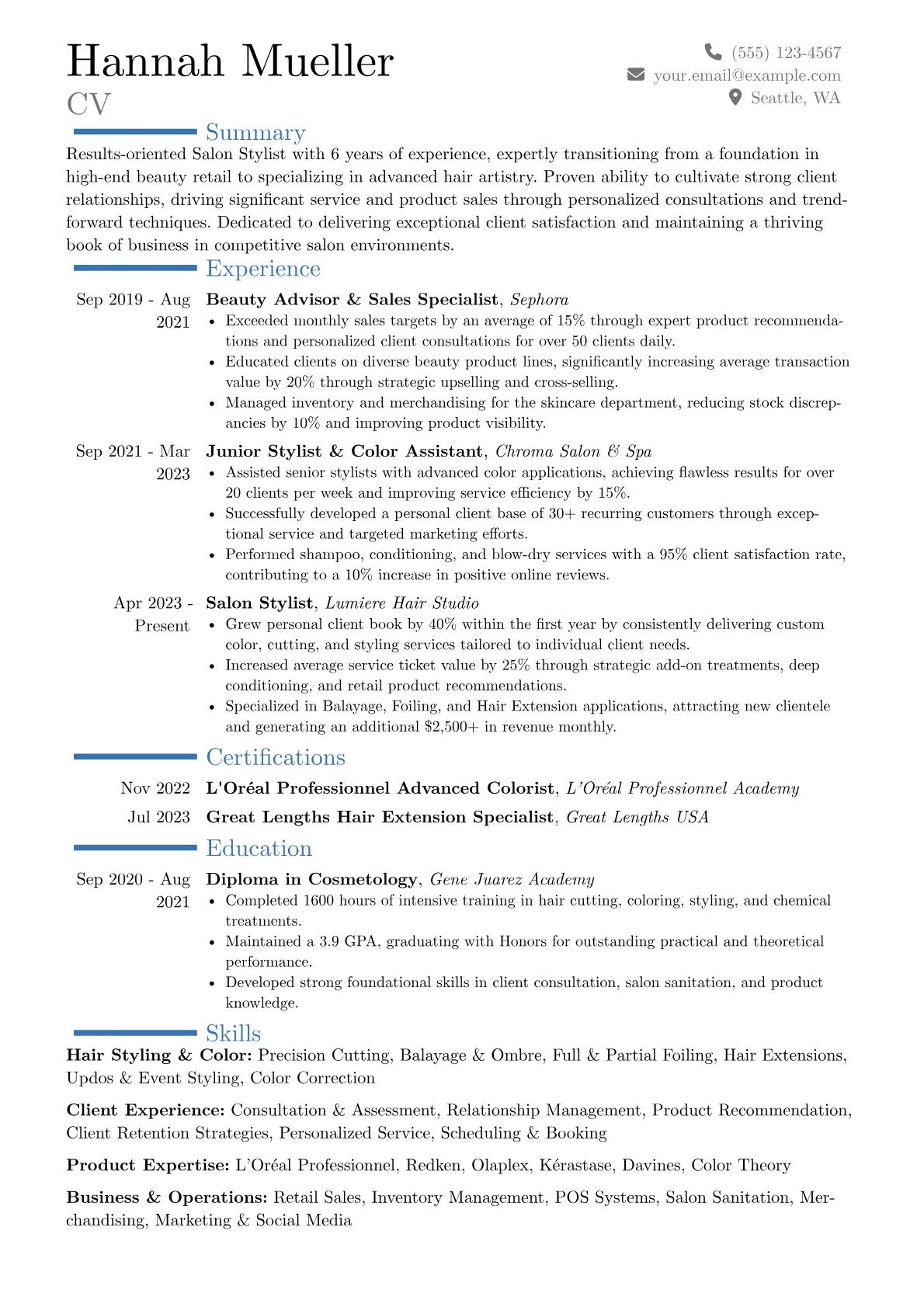 Salon Stylist resume example, Career changer, page 1