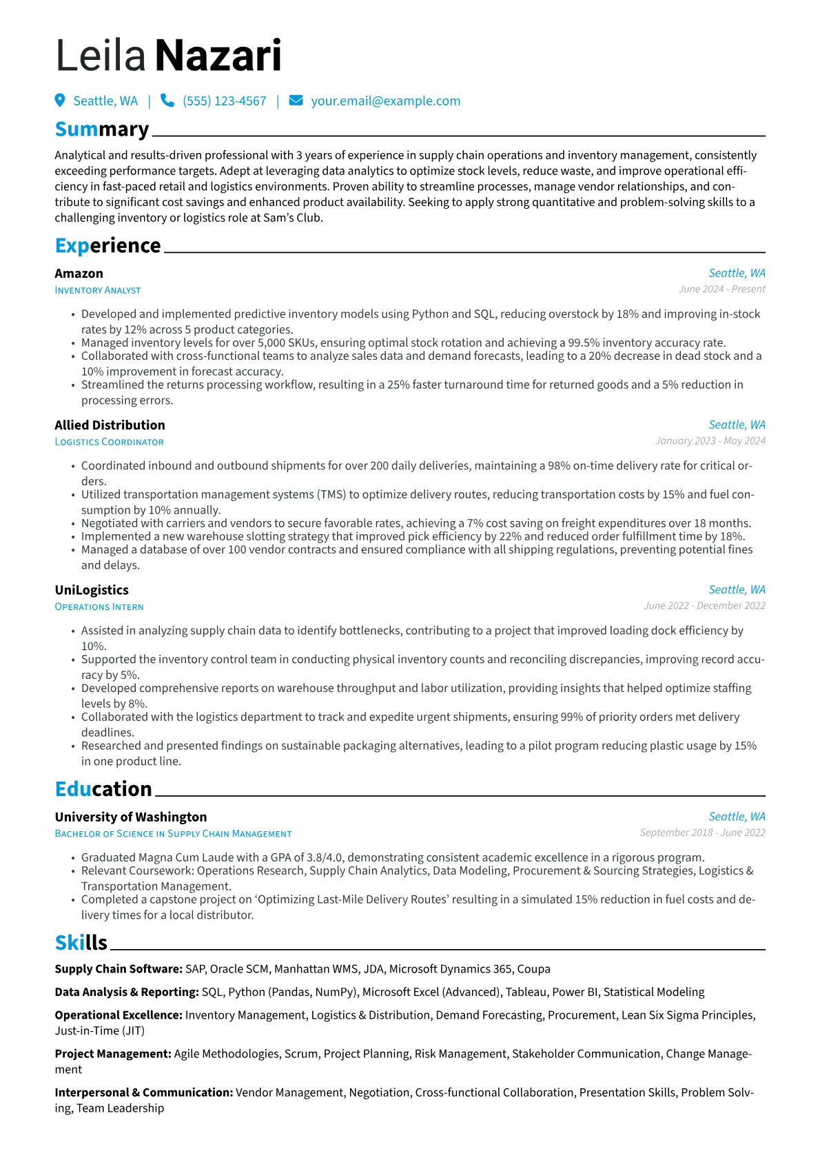 Sam's Club resume example, Inventory Analyst, page 1