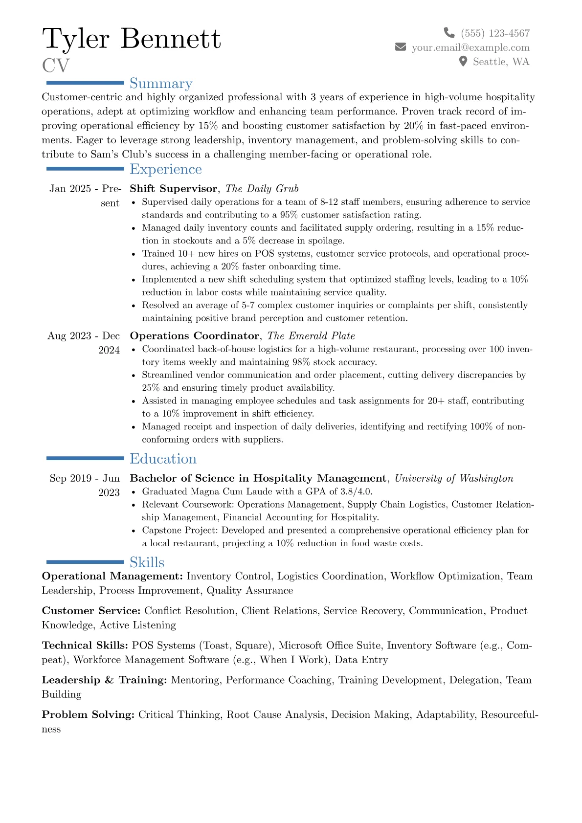 Sam's Club resume example, Career changer, page 1