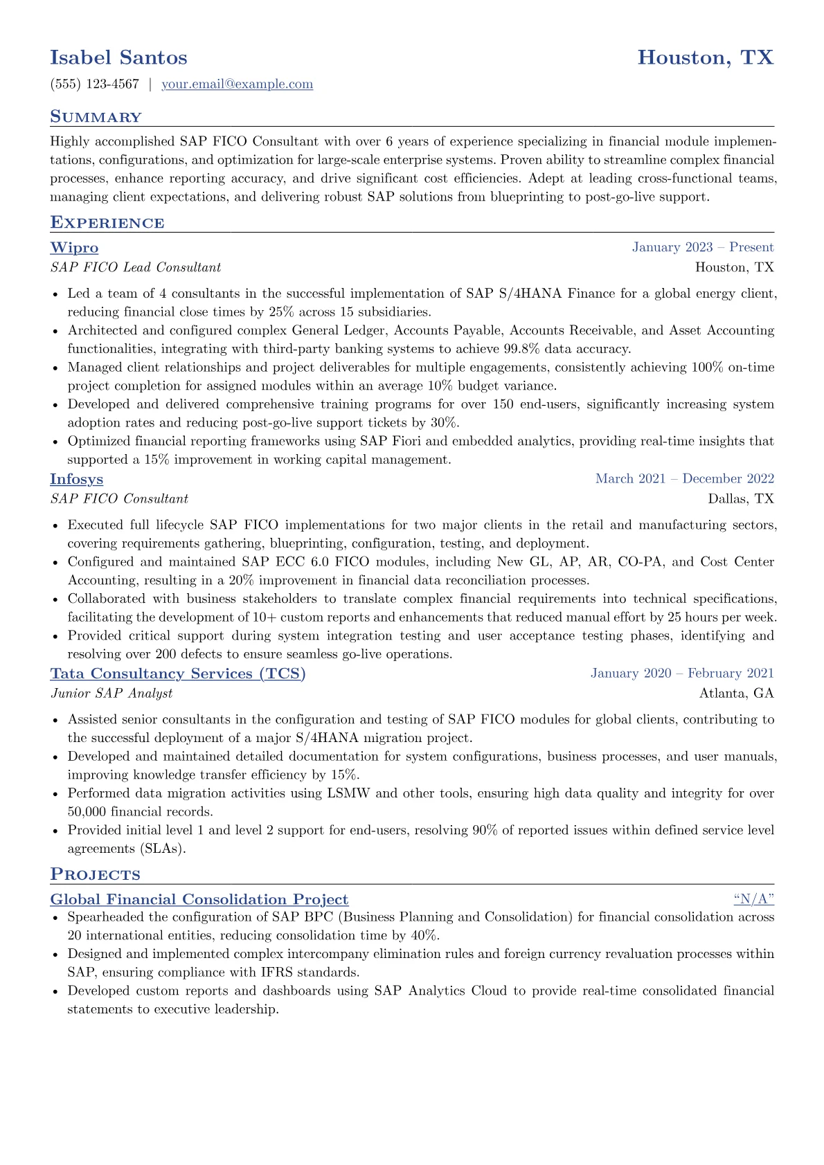 SAP resume example, SAP FICO Consultant, page 1