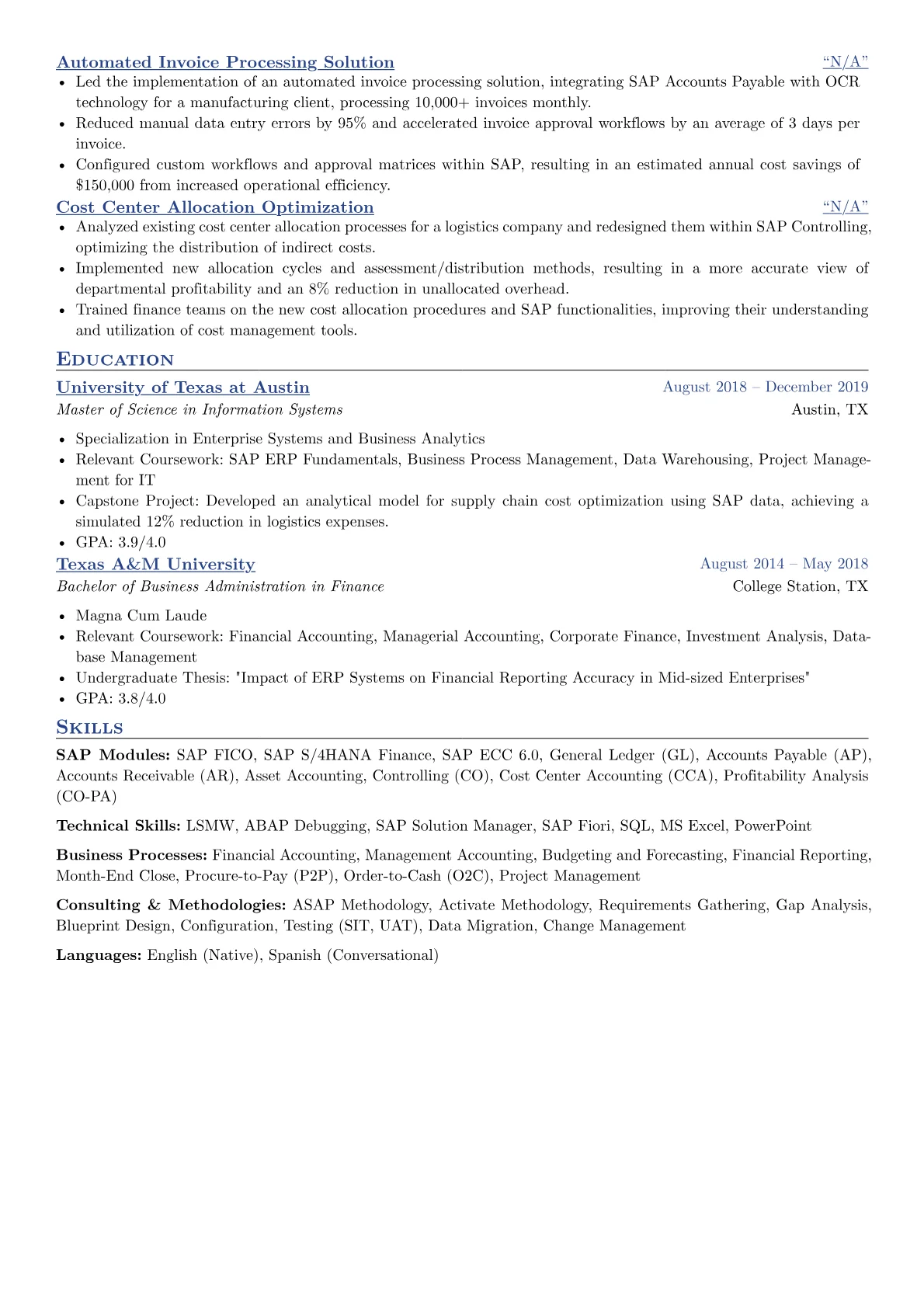 SAP resume example, SAP FICO Consultant, page 2
