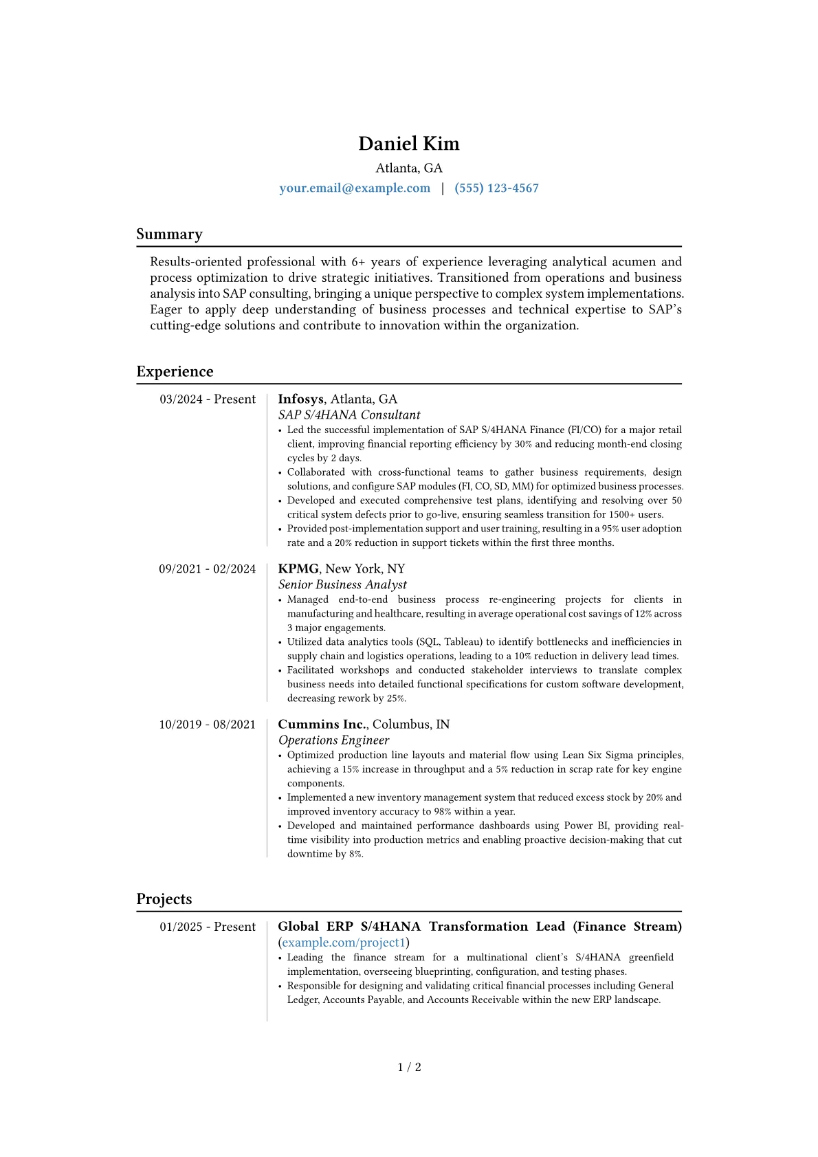 SAP resume example, Career changer, page 1
