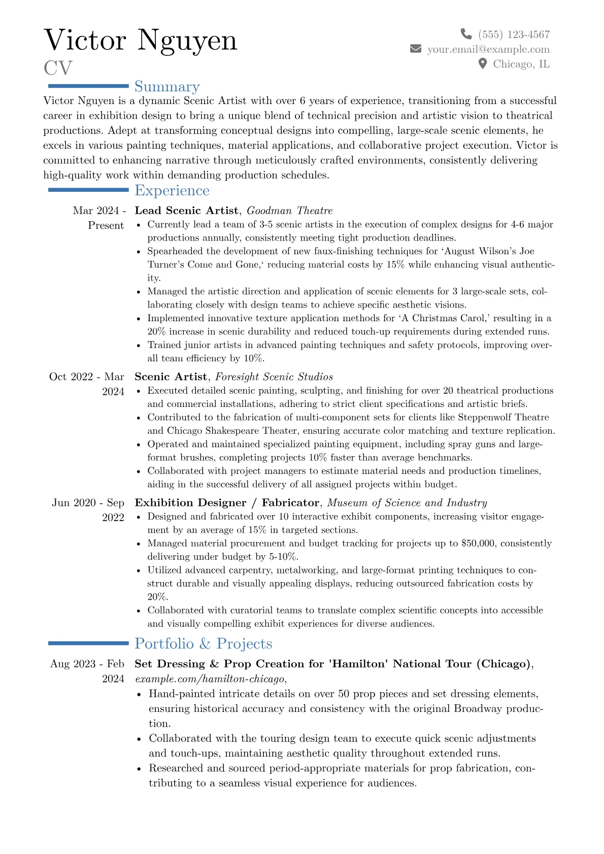 Scenic Artist resume example, Career changer, page 1
