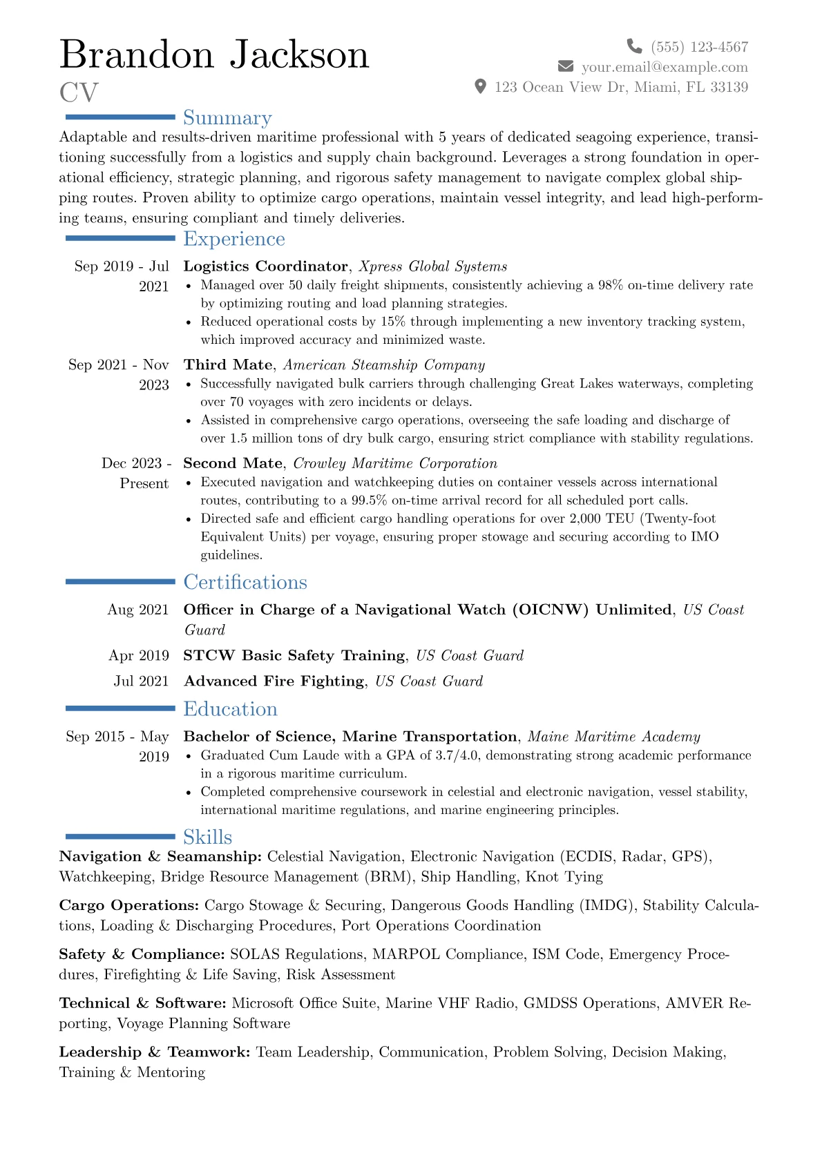 Seafarer resume example, Career changer, page 1