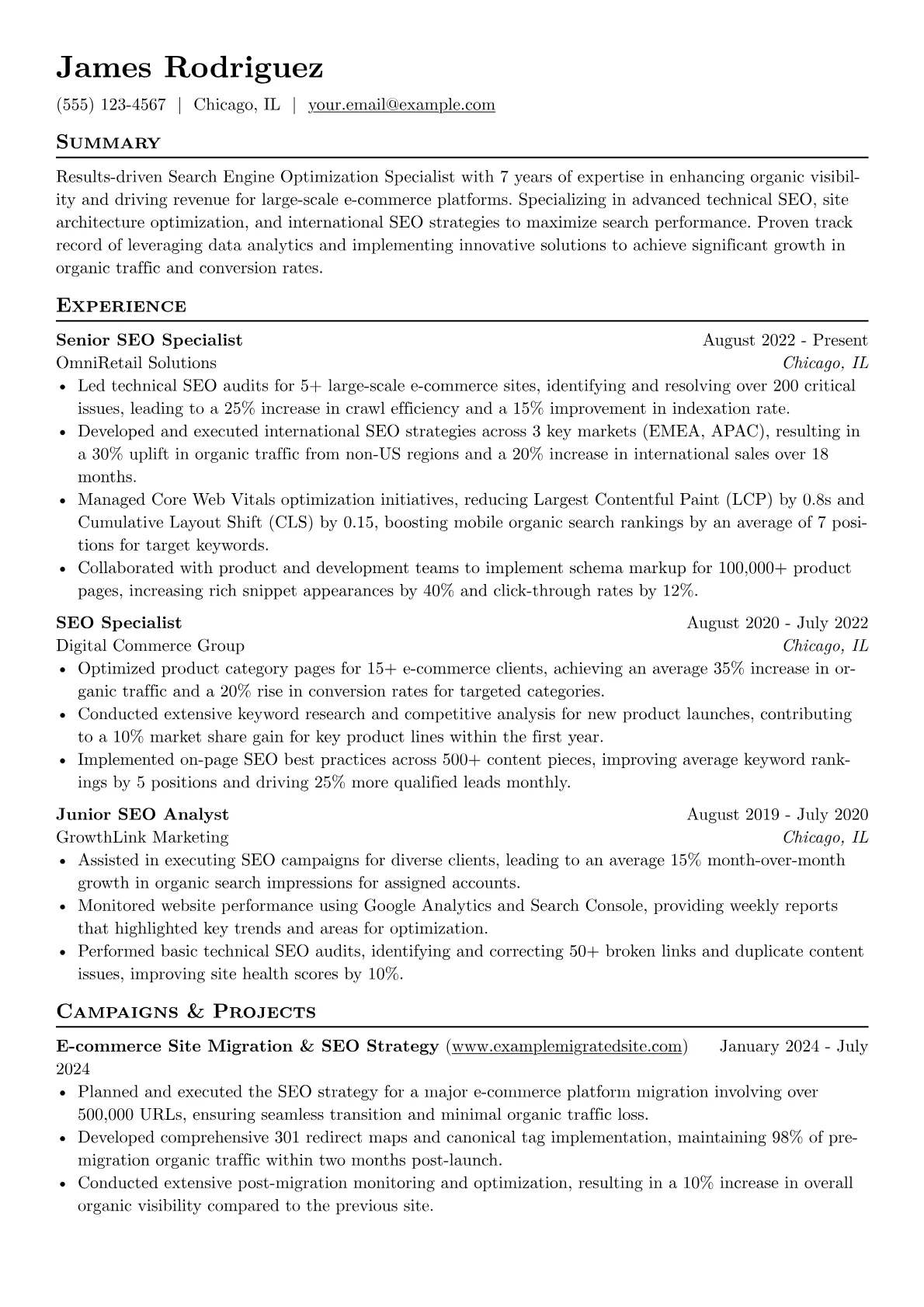 Search Engine Optimization Specialist resume example, e-commerce specialist, page 1