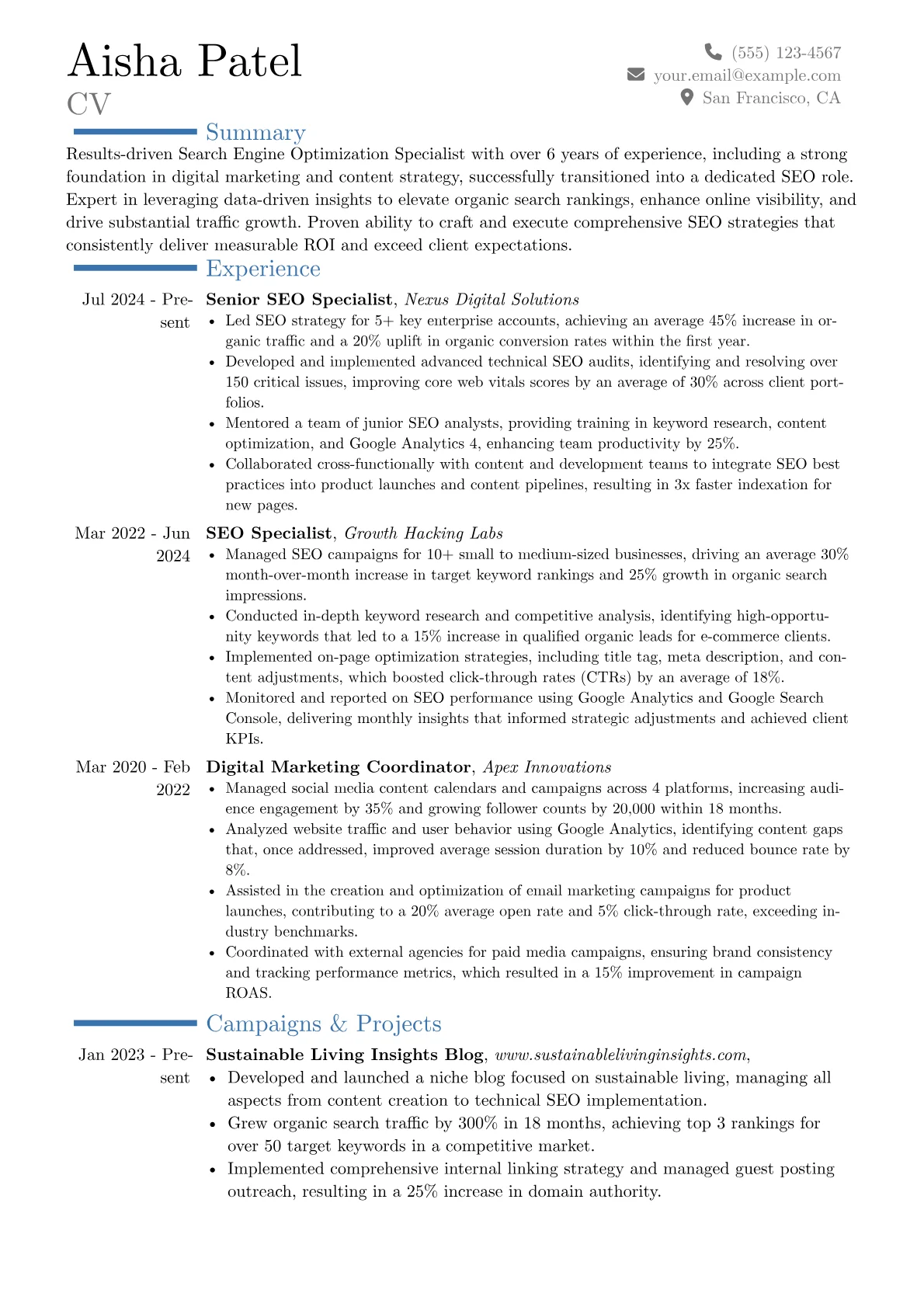 Search Engine Optimization Specialist resume example, Career changer, page 1
