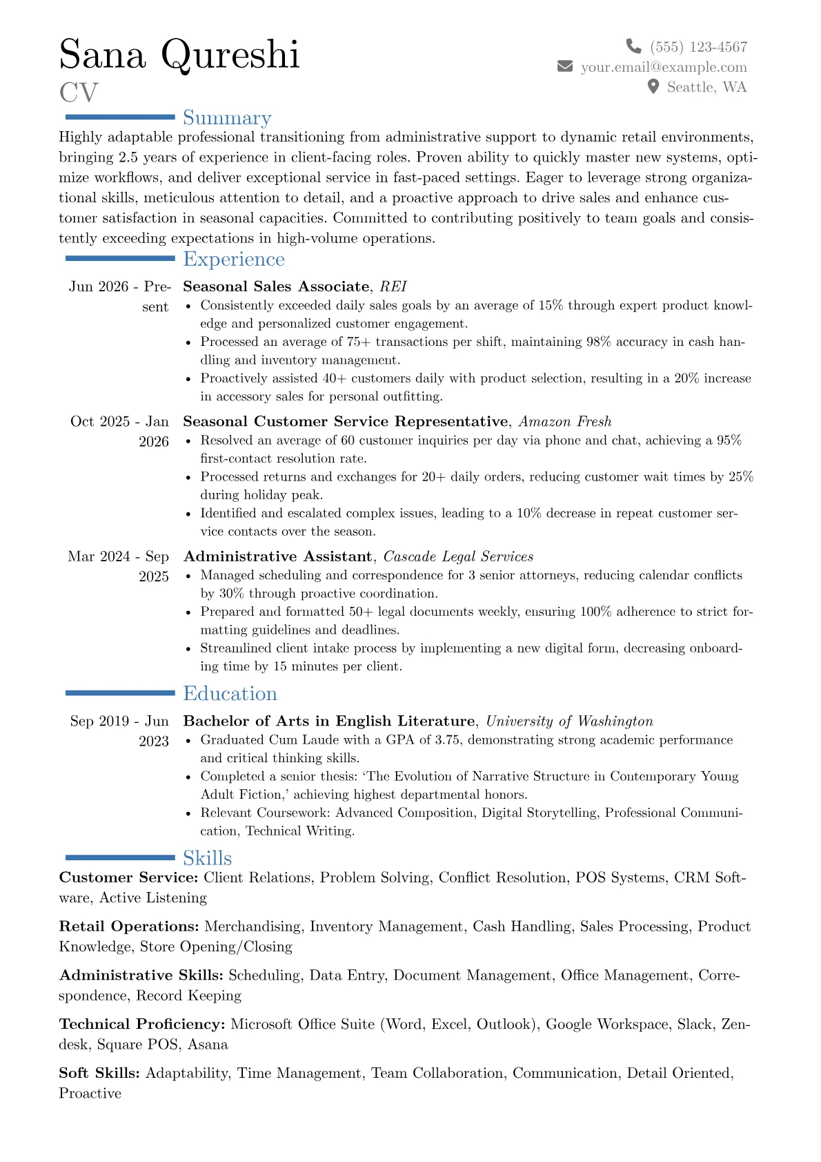 Seasonal Job resume example, Career changer, page 1
