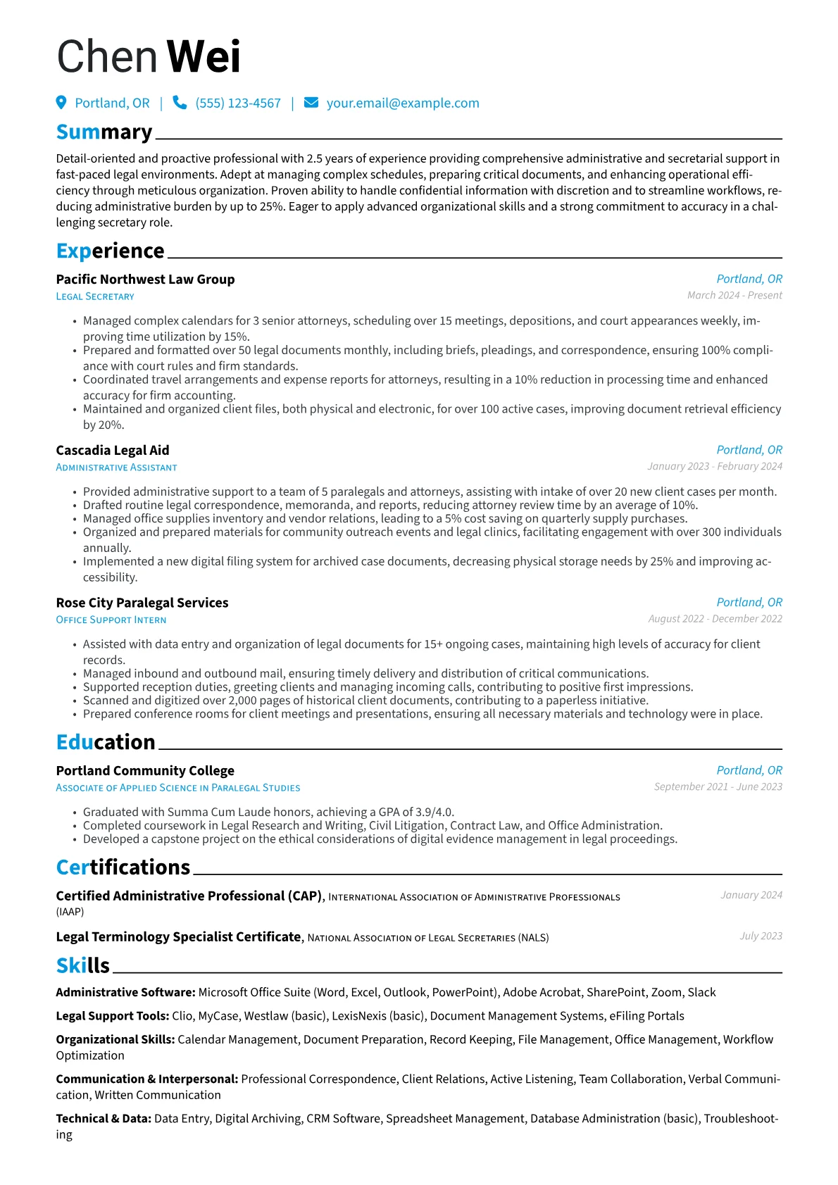 Secretary (No Experience) resume example, Legal Office Secretary, page 1