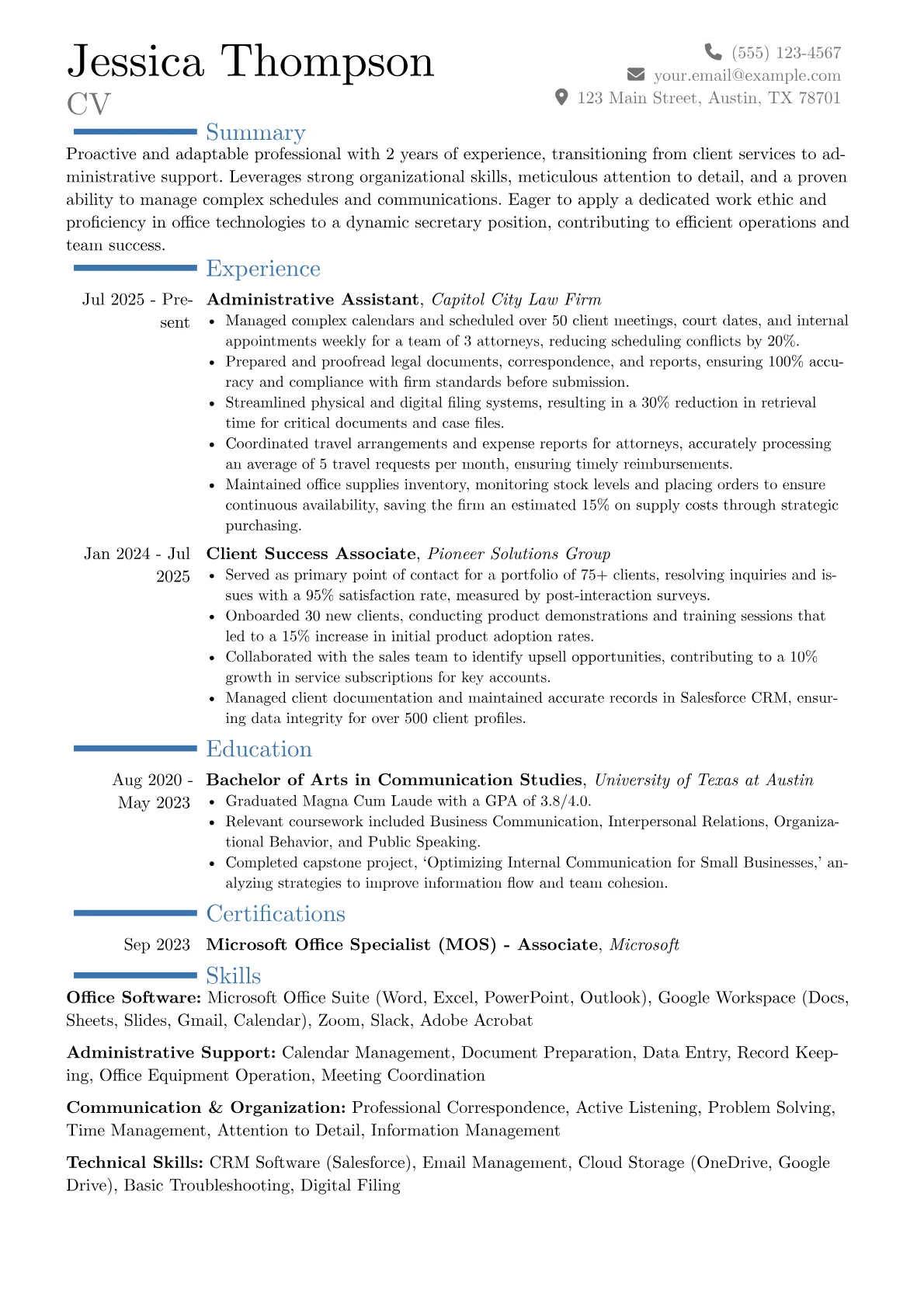 Secretary (No Experience) resume example, Career changer, page 1