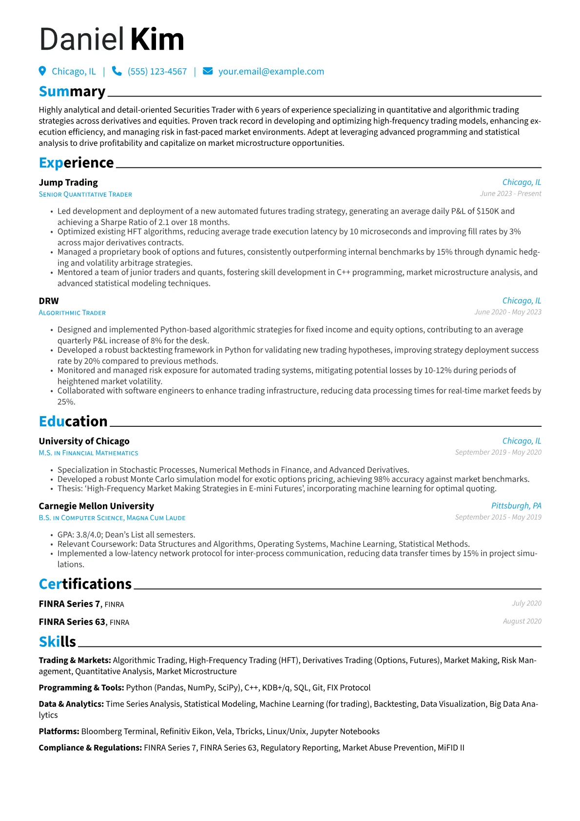 Securities Trader resume example, Quantitative Algorithmic, page 1