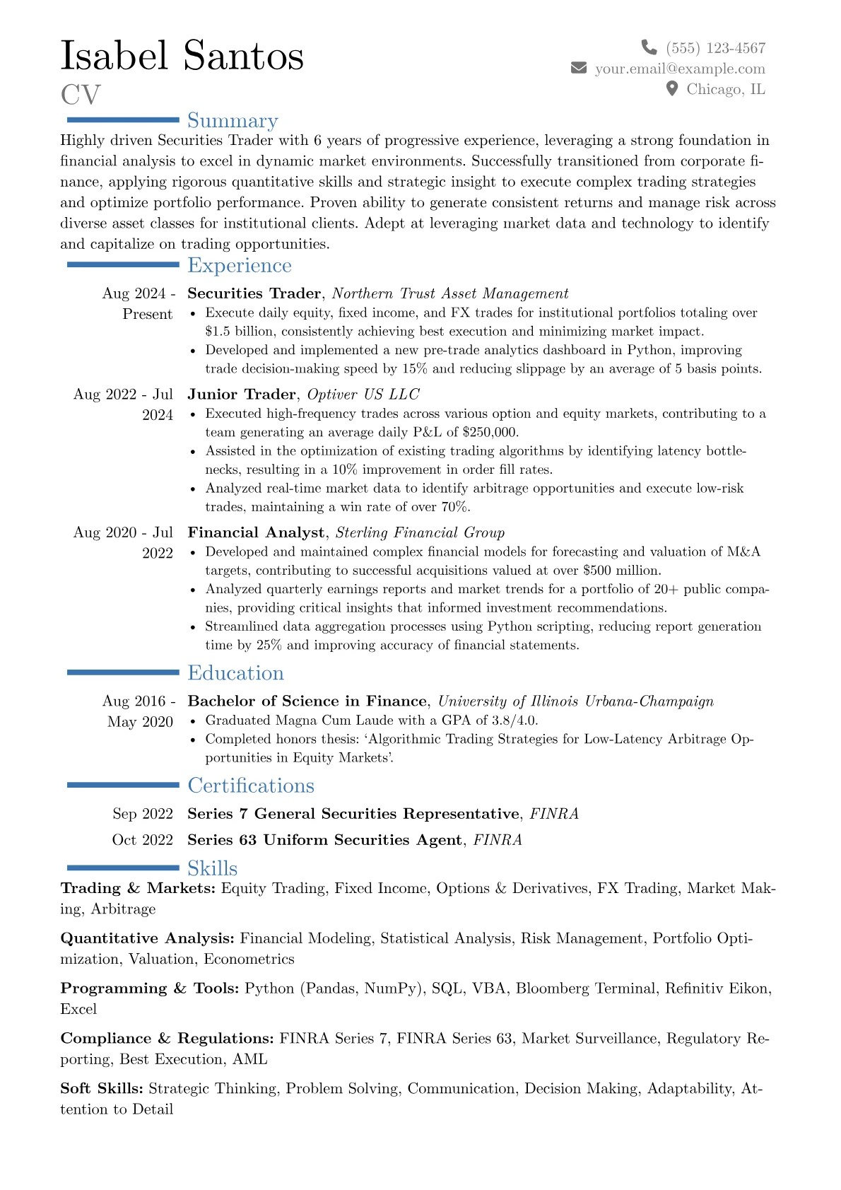 Securities Trader resume example, Career changer, page 1