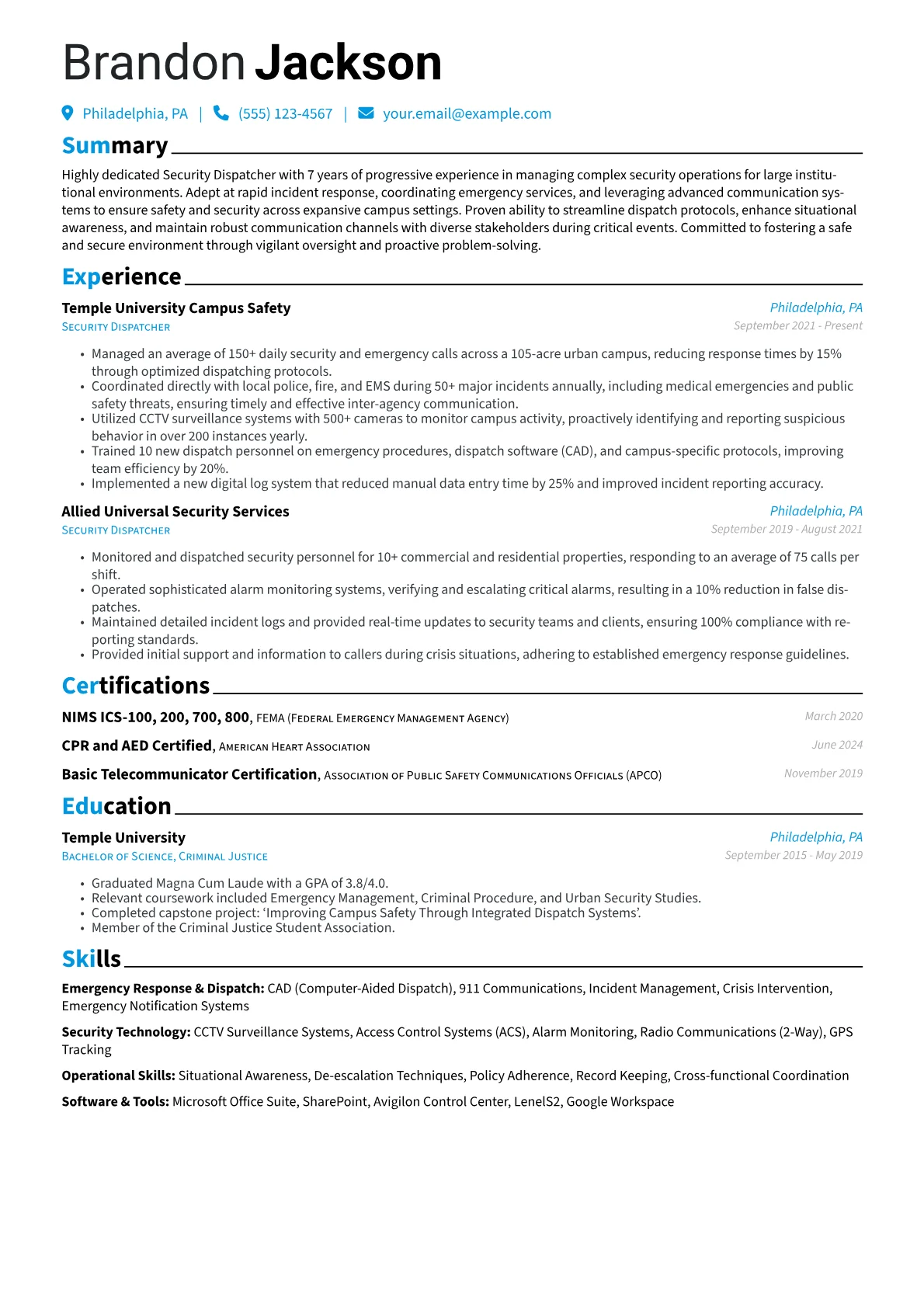 Security Dispatcher resume example, Security Dispatcher, page 1