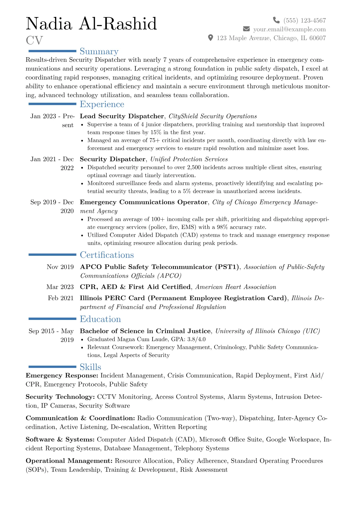 Security Dispatcher resume example, Career changer, page 1