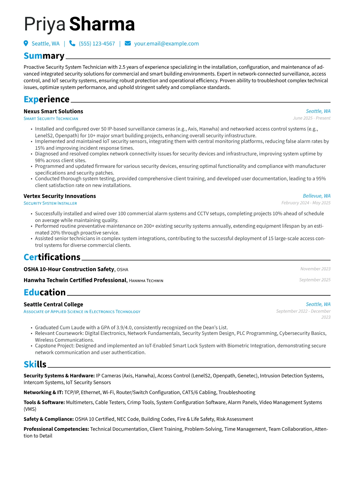 Security System Technician resume example, Smart Building & Networked, page 1
