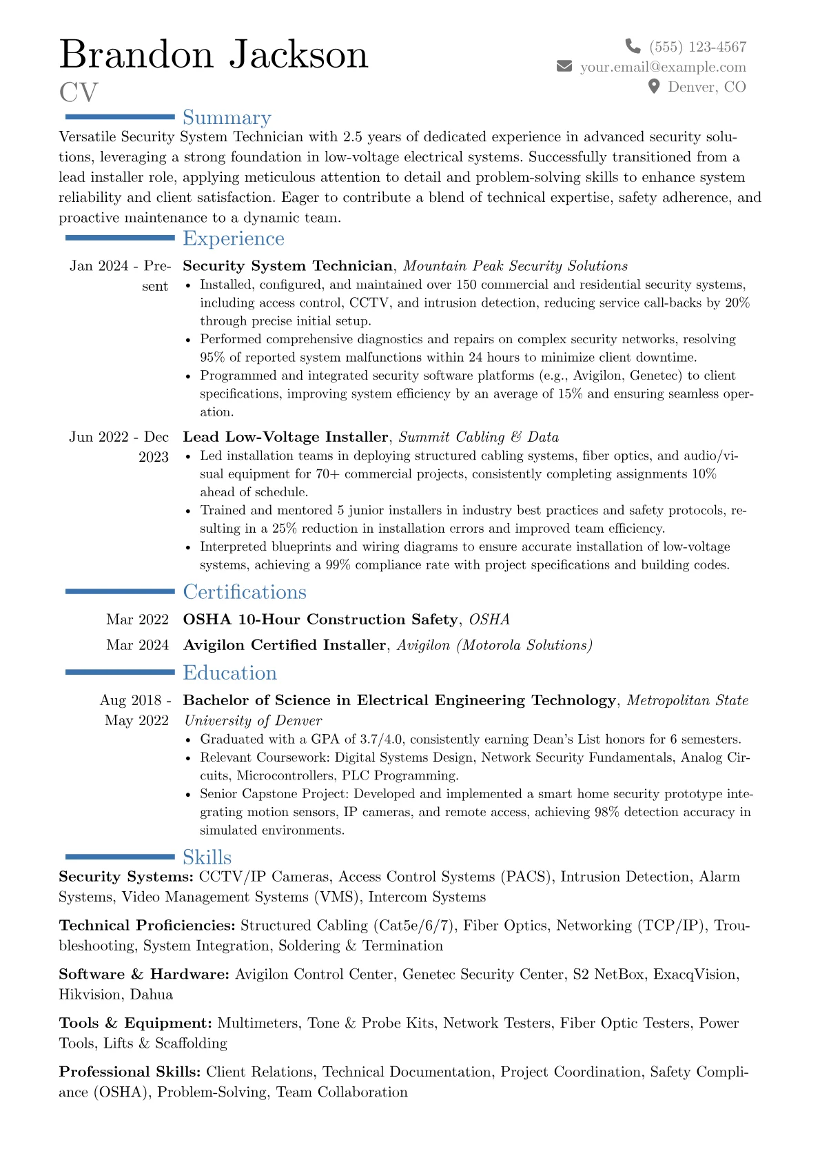 Security System Technician resume example, Career changer, page 1