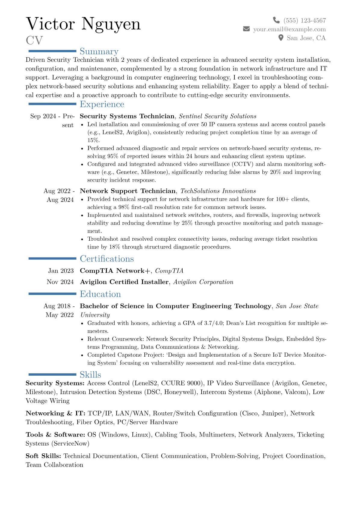 Security Technician resume example, Career changer, page 1