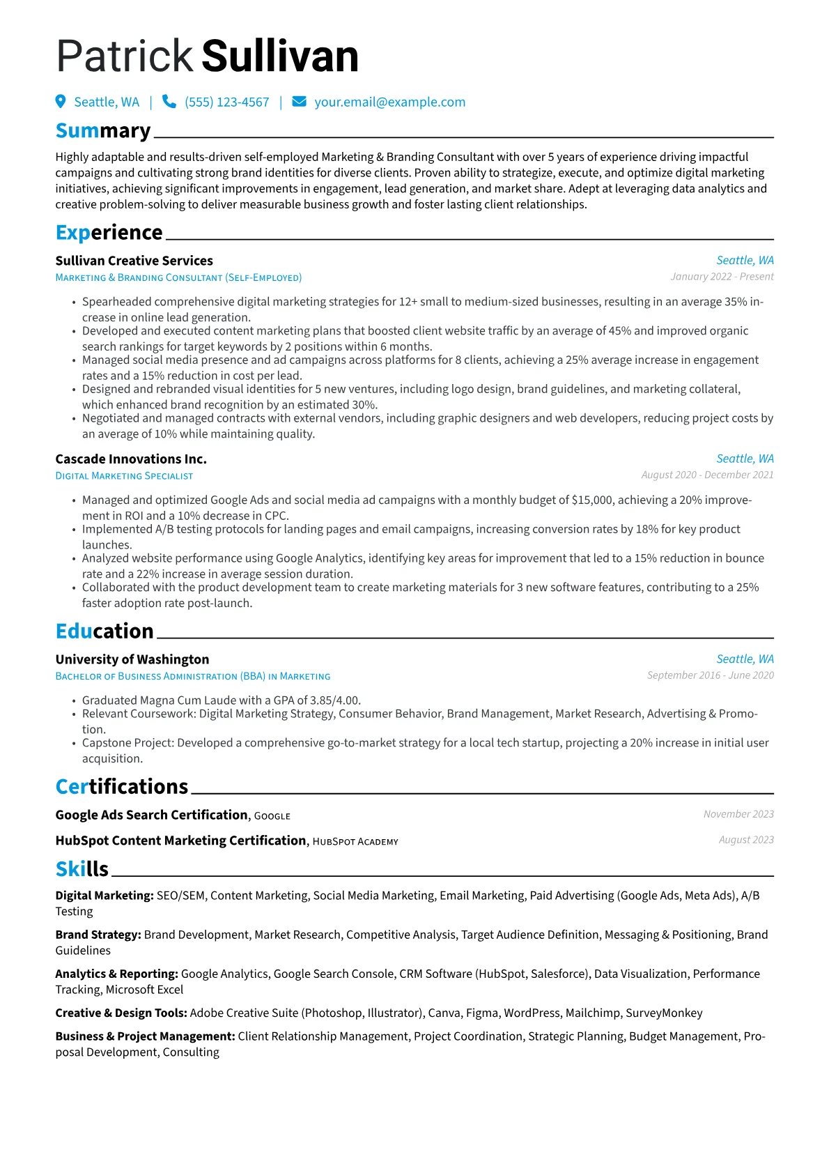 Self-Employed resume example, Digital Marketing, page 1