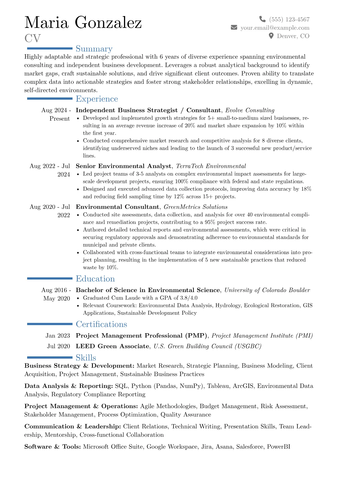 Self-Employed resume example, Career changer, page 1