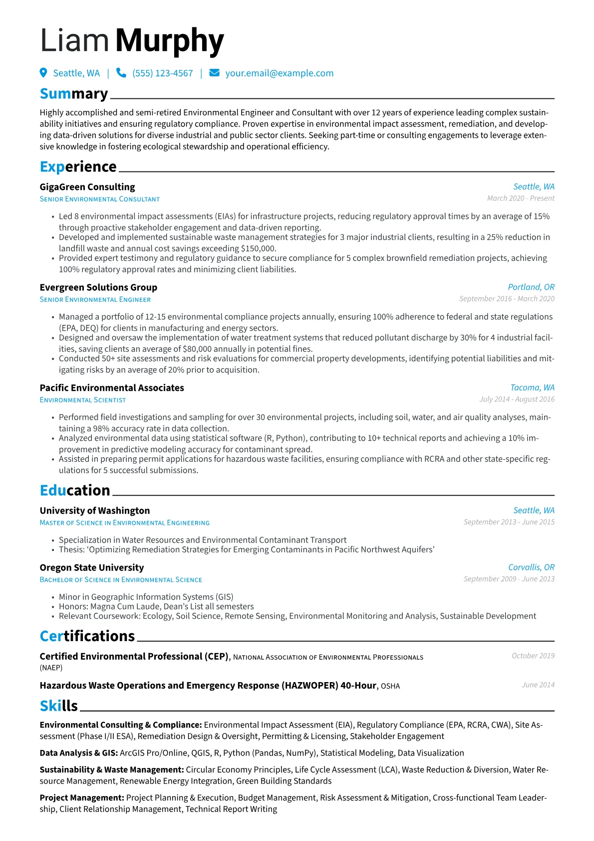 Semi-Retired resume example, Semi-Retired Environmental, page 1