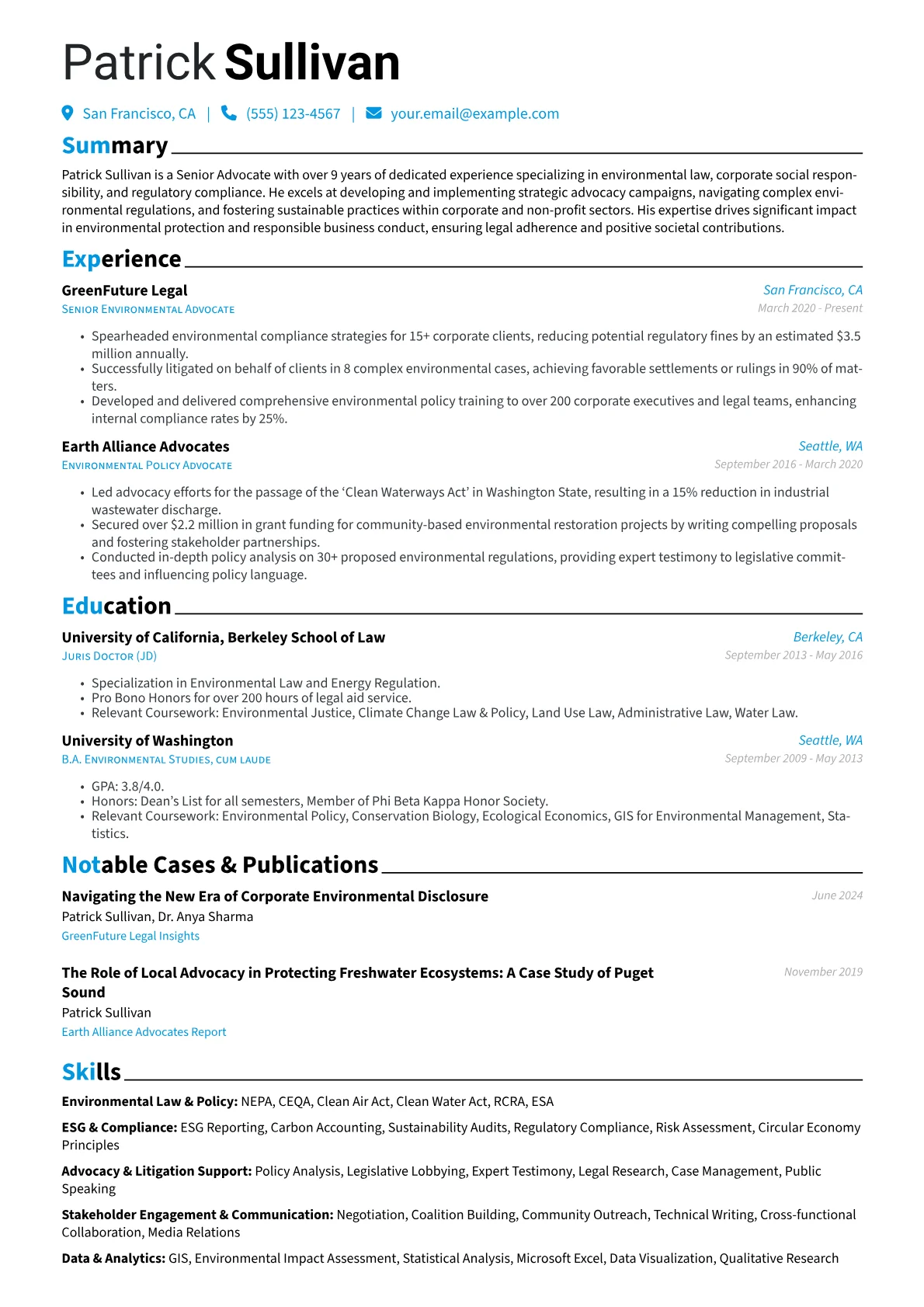 Senior Advocate resume example, Environmental Law & Policy, page 1