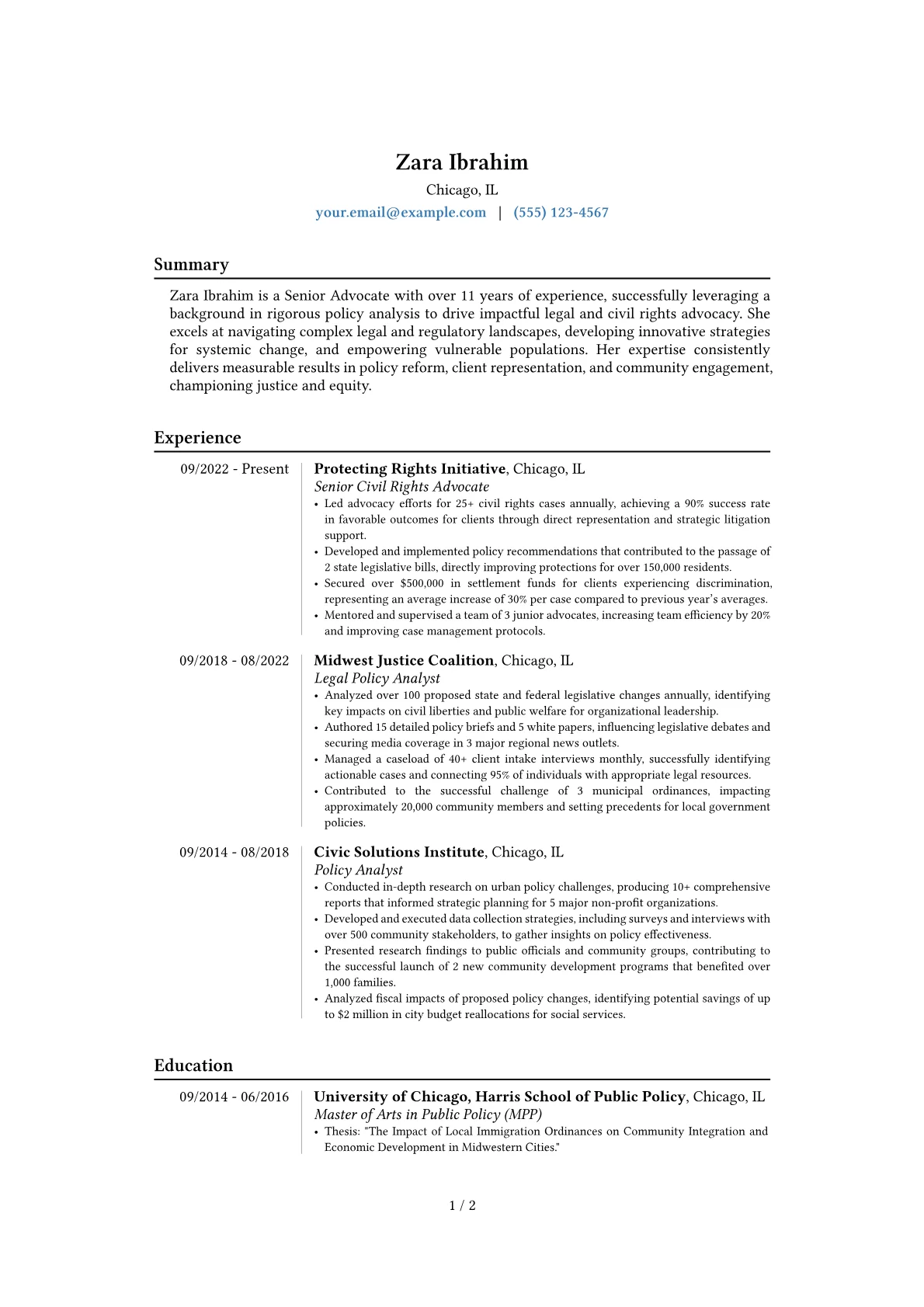 Senior Advocate resume example, Career changer, page 1