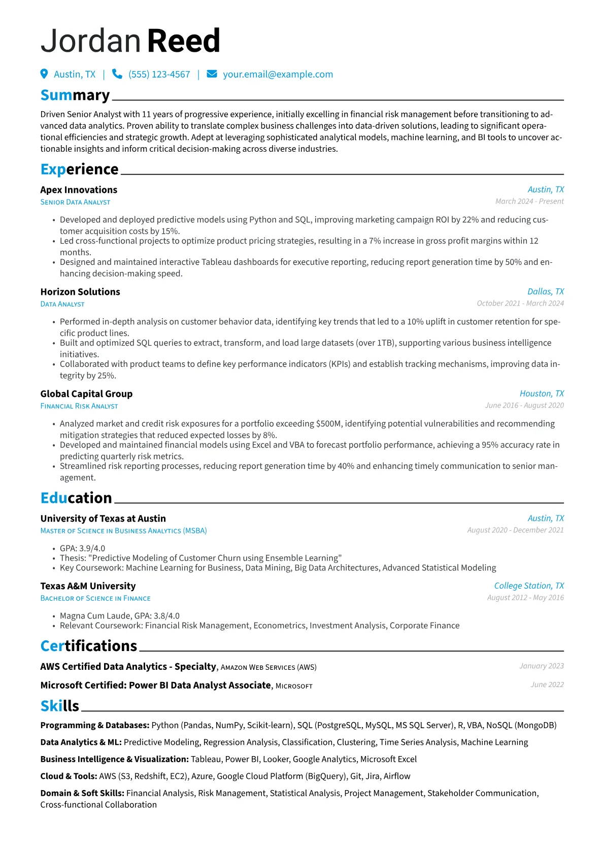 Senior Analyst resume example, Career changer, page 1
