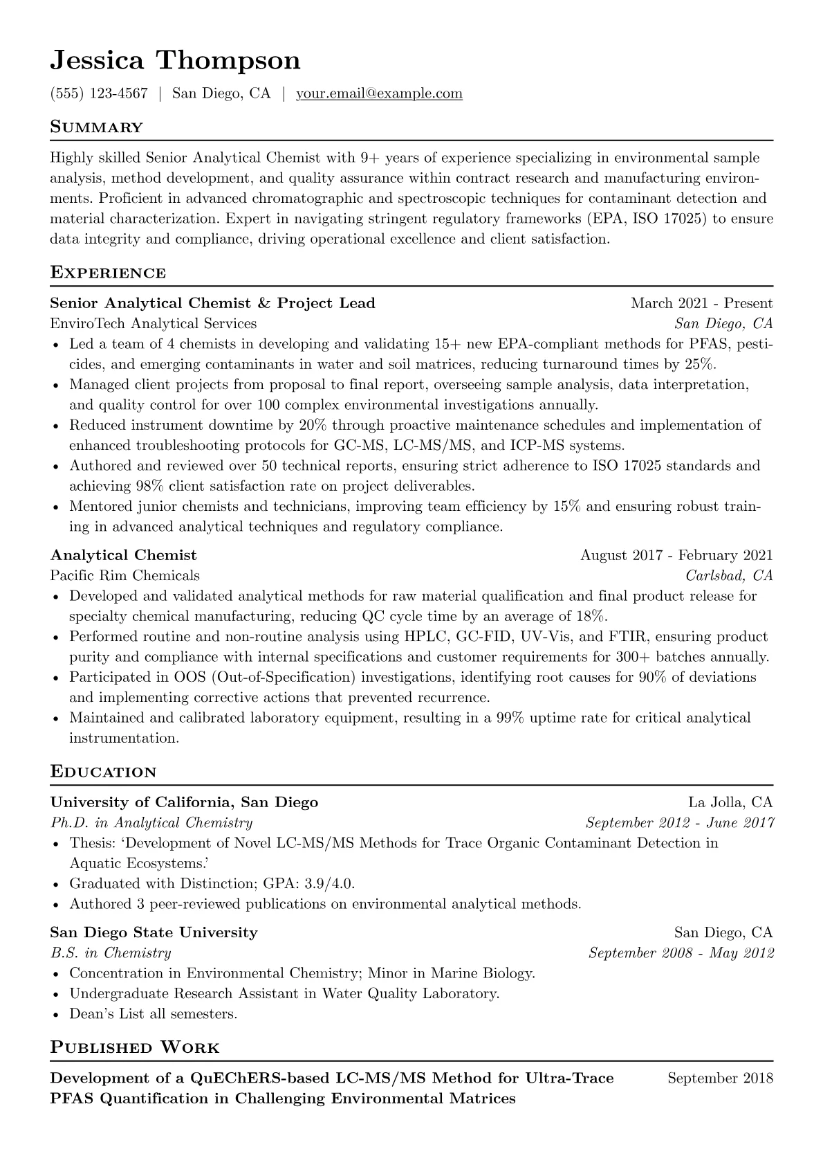 Senior Analytical Chemist resume example, Environmental Analytical, page 1