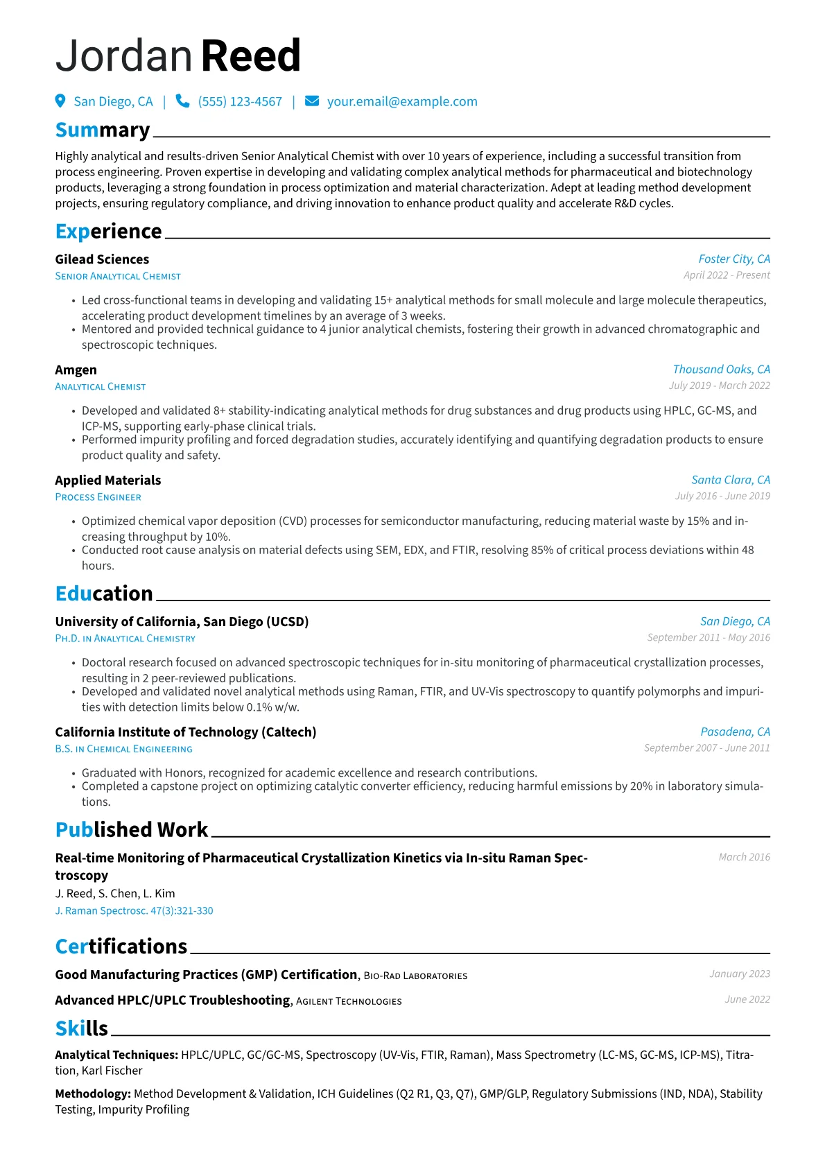 Senior Analytical Chemist resume example, Career changer, page 1
