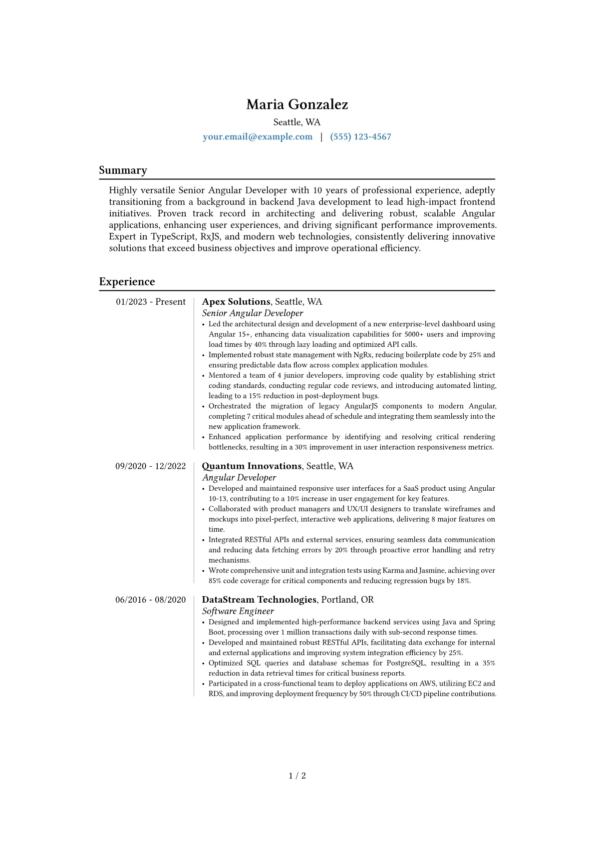 Senior Angular Developer resume example, Career changer, page 1