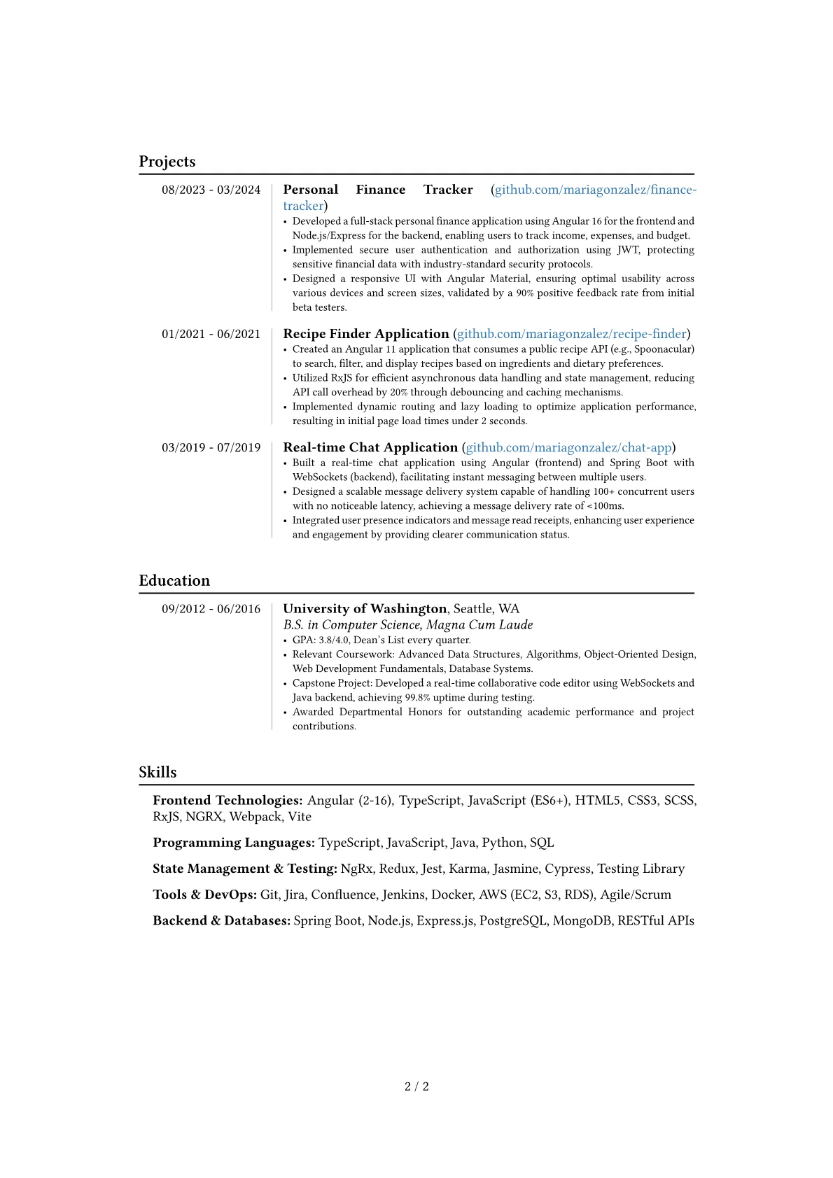 Senior Angular Developer resume example, Career changer, page 2