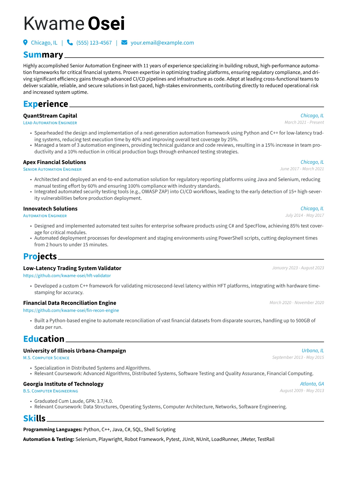 Senior Automation Engineer resume example, Senior Automation Engineer, page 1
