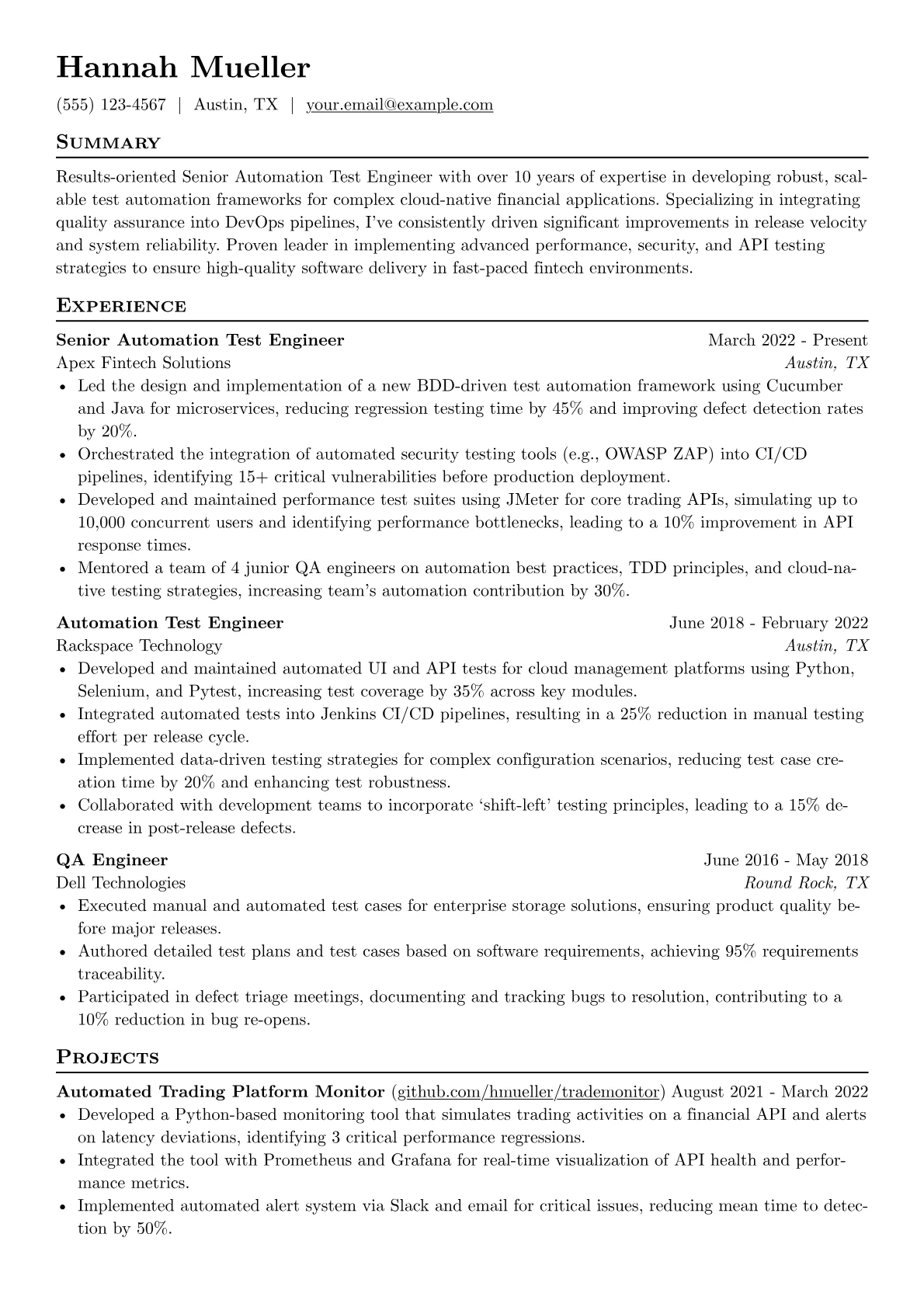 Senior Automation Test Engineer resume example, Senior Automation Test, page 1