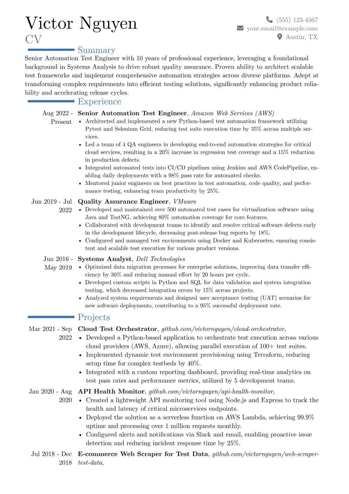 Senior Automation Test Engineer resume example, Career changer, page 1