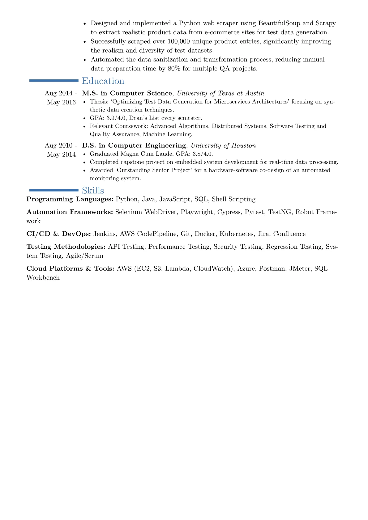 Senior Automation Test Engineer resume example, Career changer, page 2