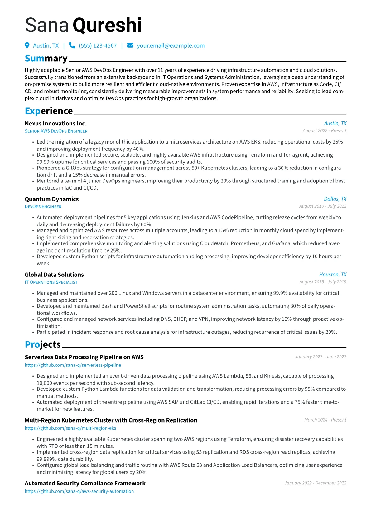 Senior AWS DevOps Engineer resume example, Career changer, page 1