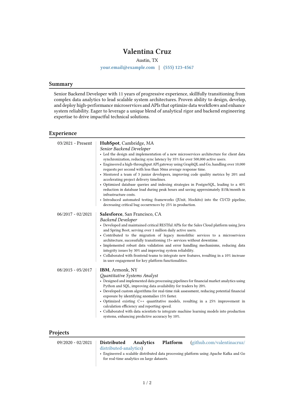 Senior Backend Developer resume example, Career changer, page 1