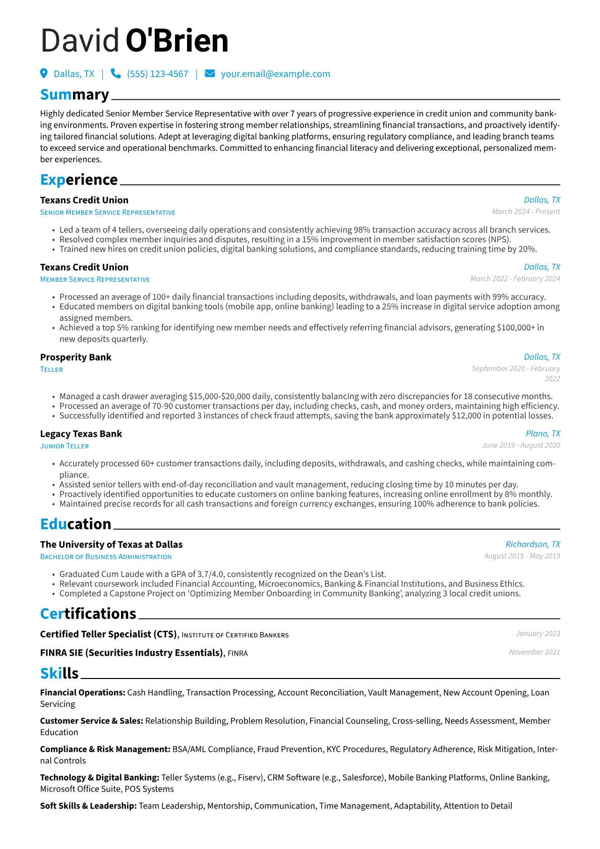Senior Bank Teller resume example, Community Bank/Credit, page 1