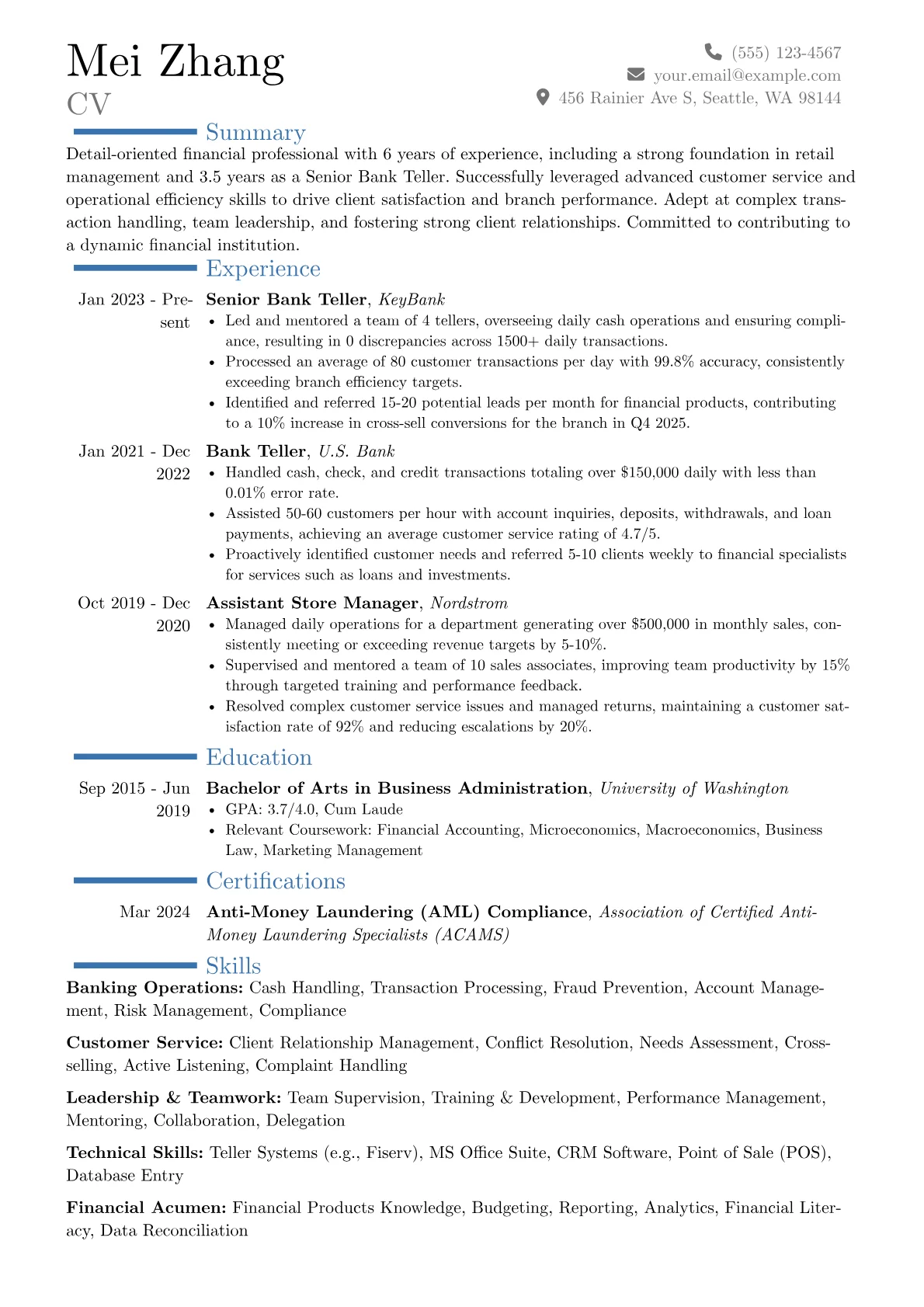 Senior Bank Teller resume example, Career changer, page 1