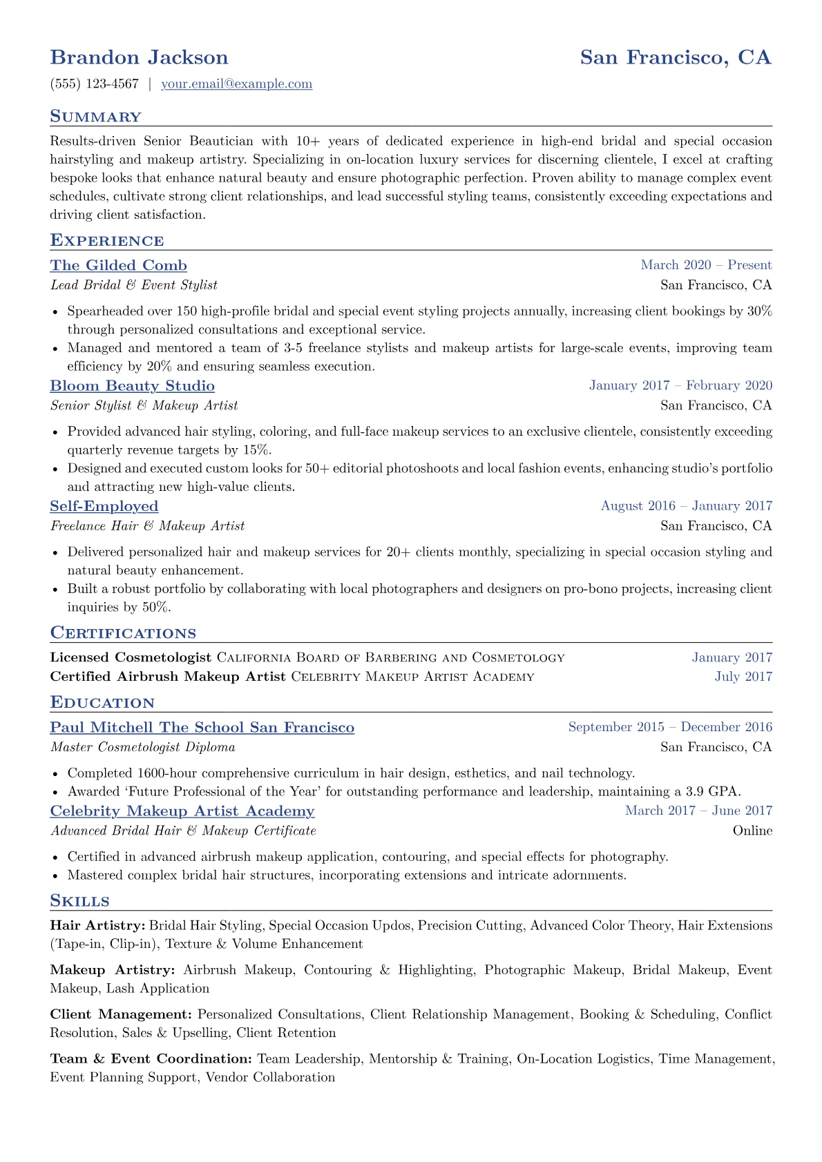Senior Beautician resume example, Senior Bridal & Event, page 1