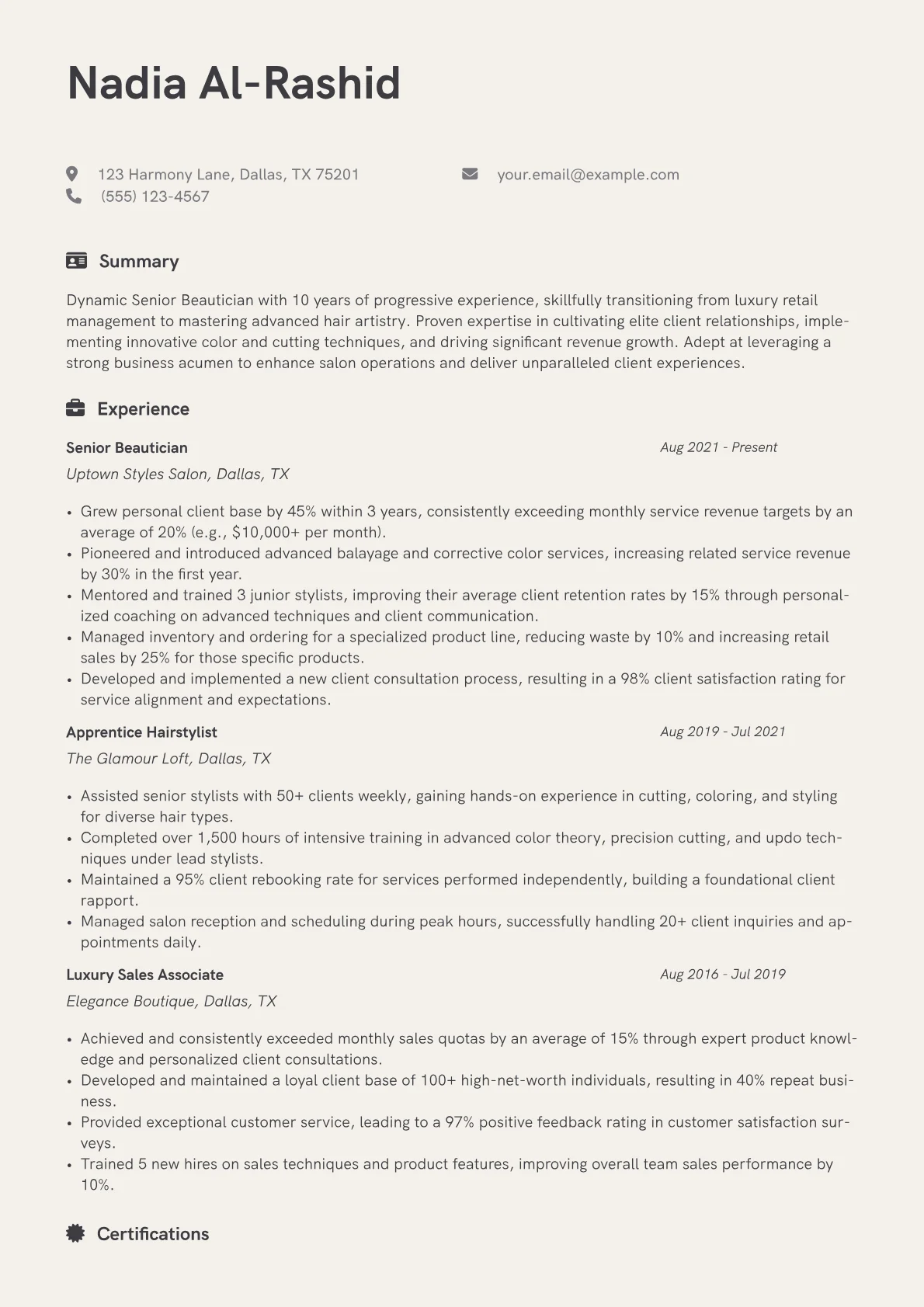 Senior Beautician resume example, Career changer, page 1