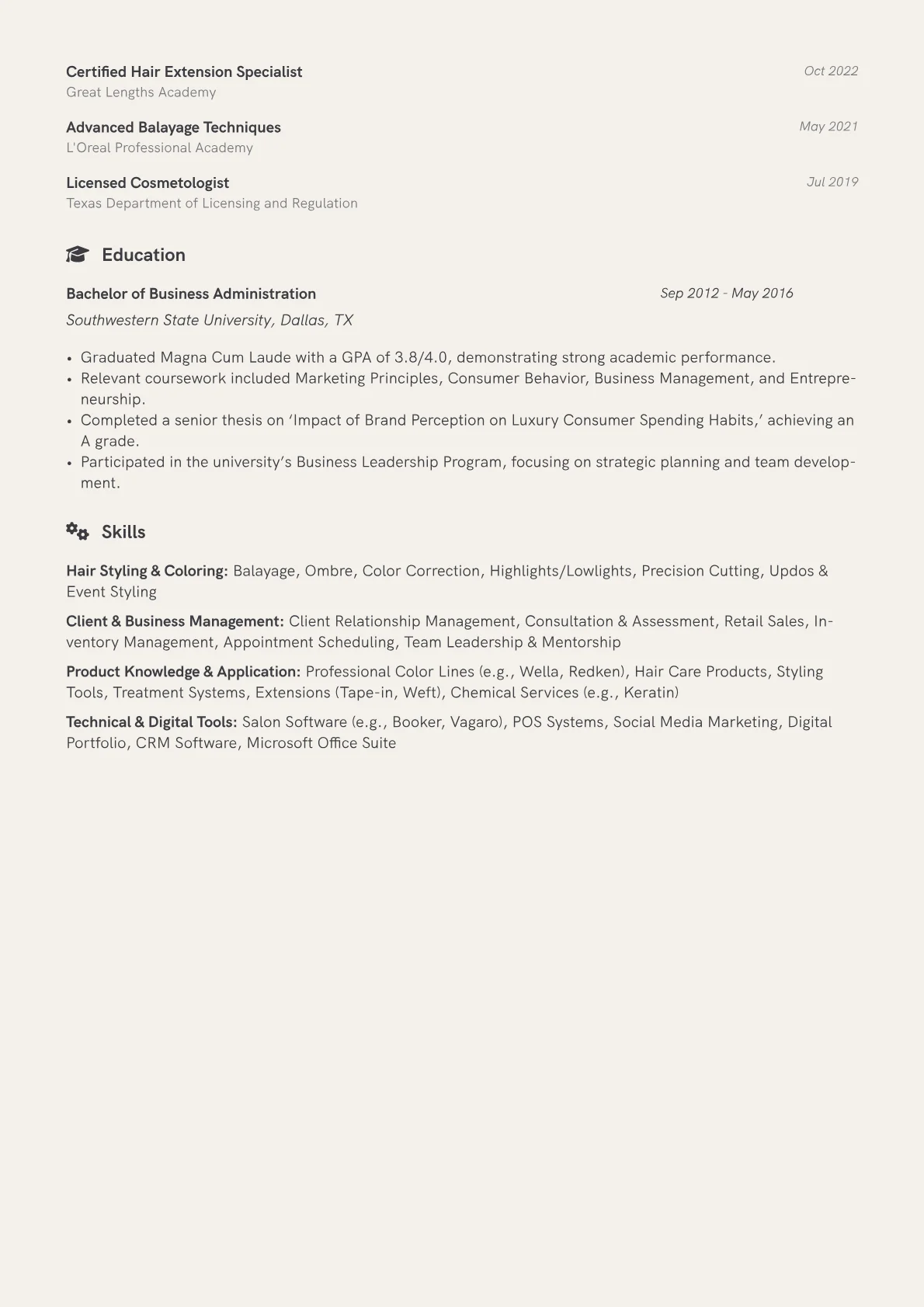 Senior Beautician resume example, Career changer, page 2