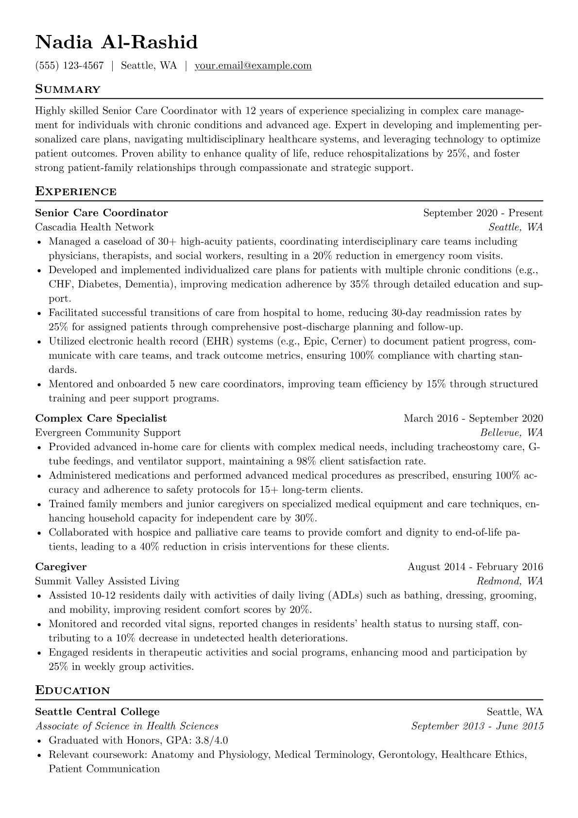 Senior Caregiver resume example, Senior Caregiver - Complex, page 1