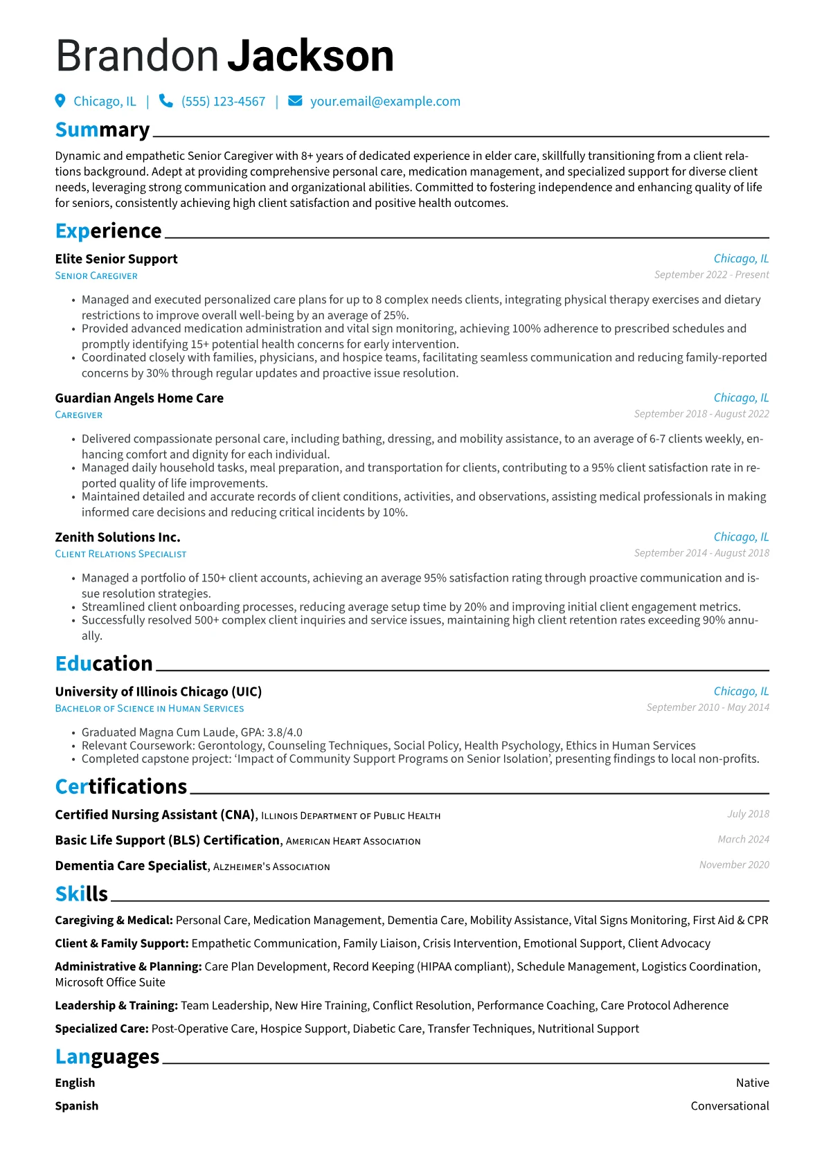 Senior Caregiver resume example, Career changer, page 1