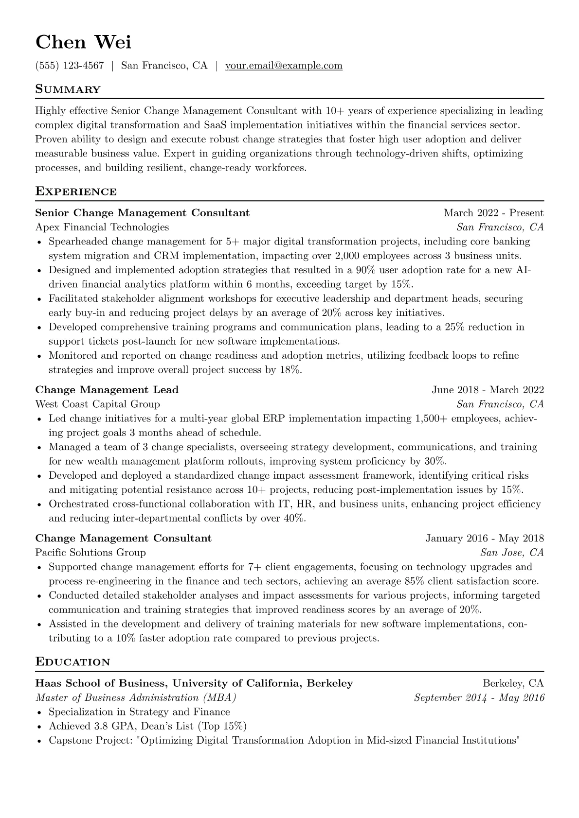 Senior Change Management Consultant resume example, Senior Change Management, page 1